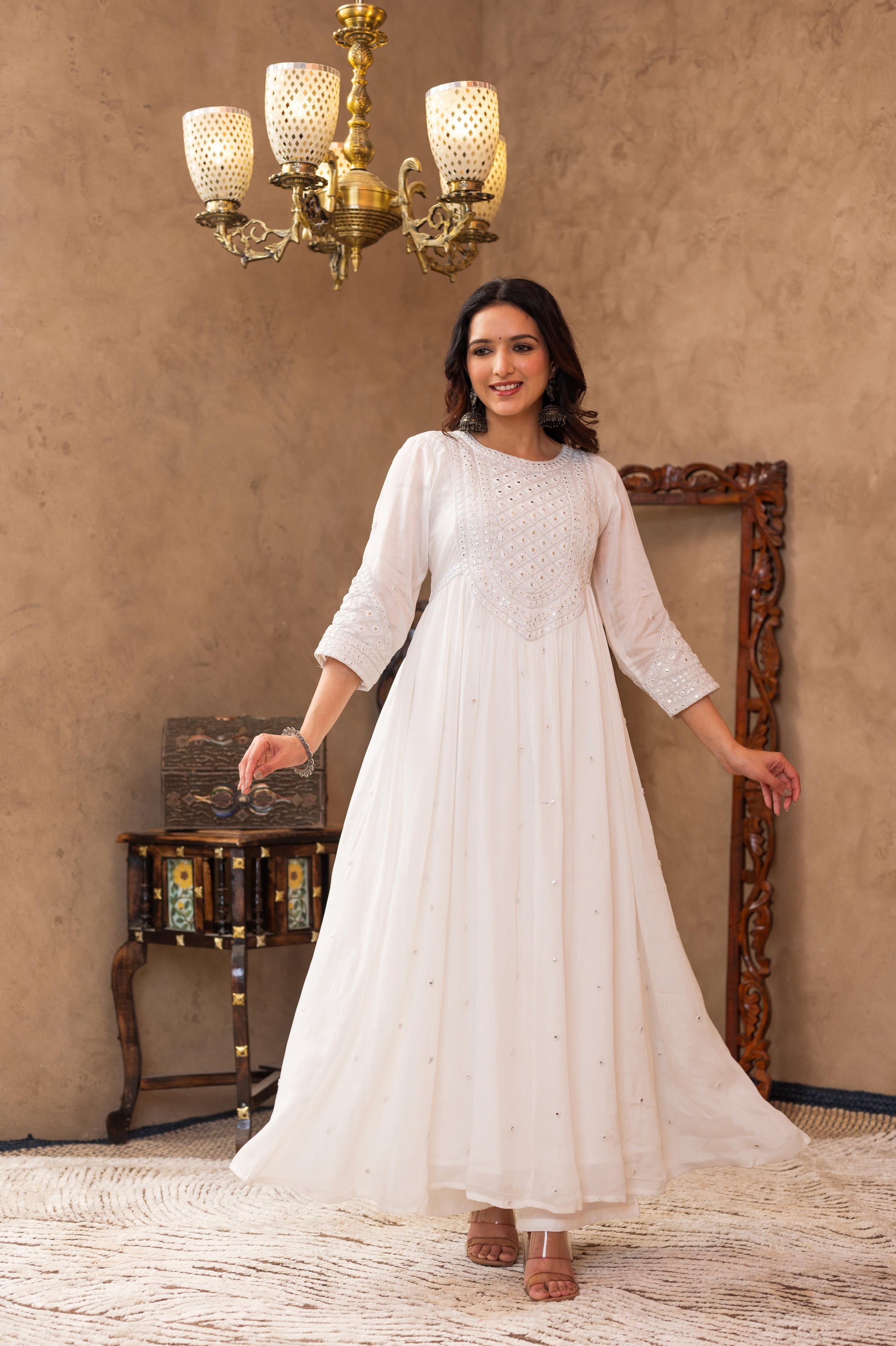 White Viscose Flared Mirror Embroidered Kurta with Cotton Lining & Button Details