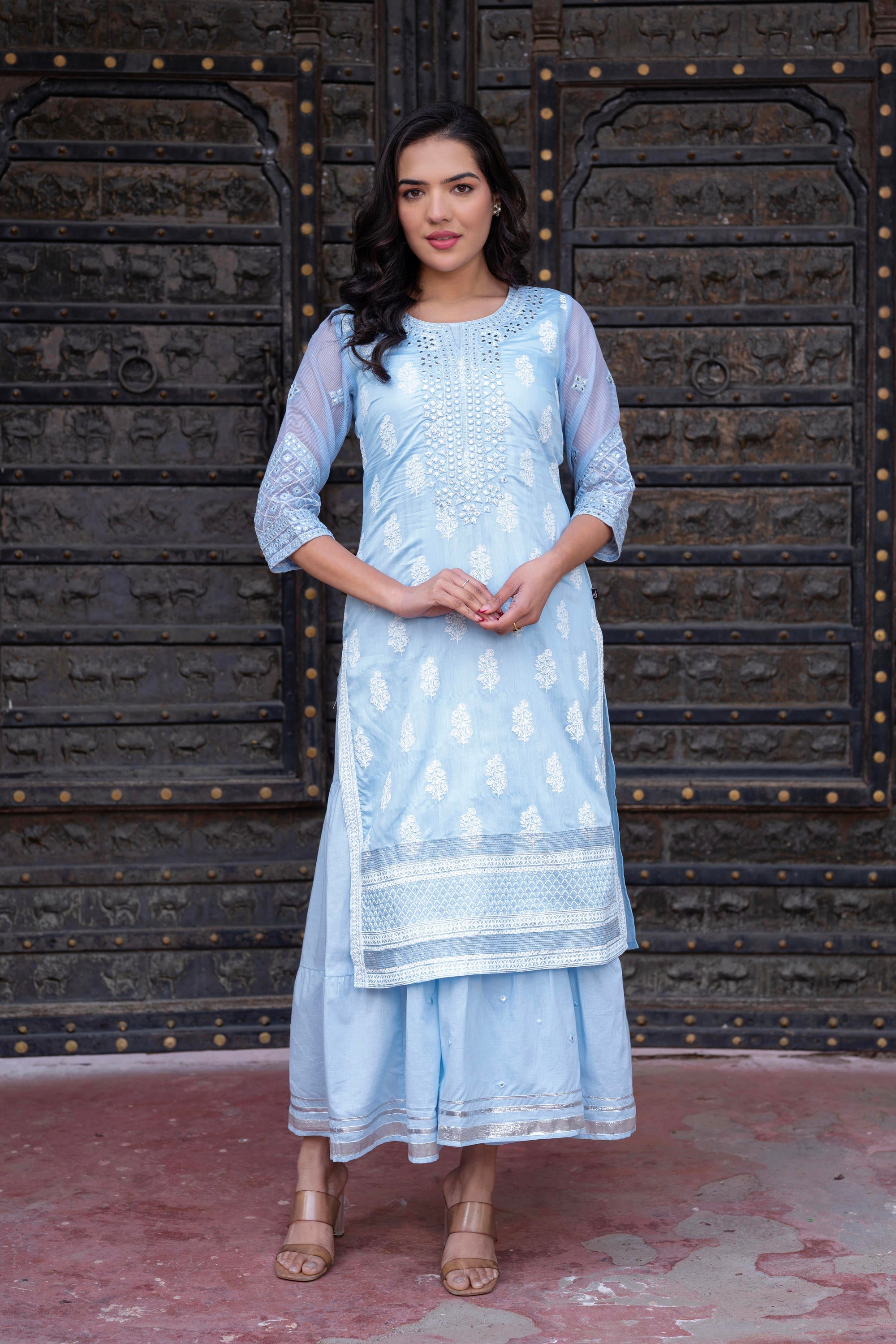 Sky Blue Chanderi Floral Mirror Embroidered Dress with Gota Lace & Glitter Work