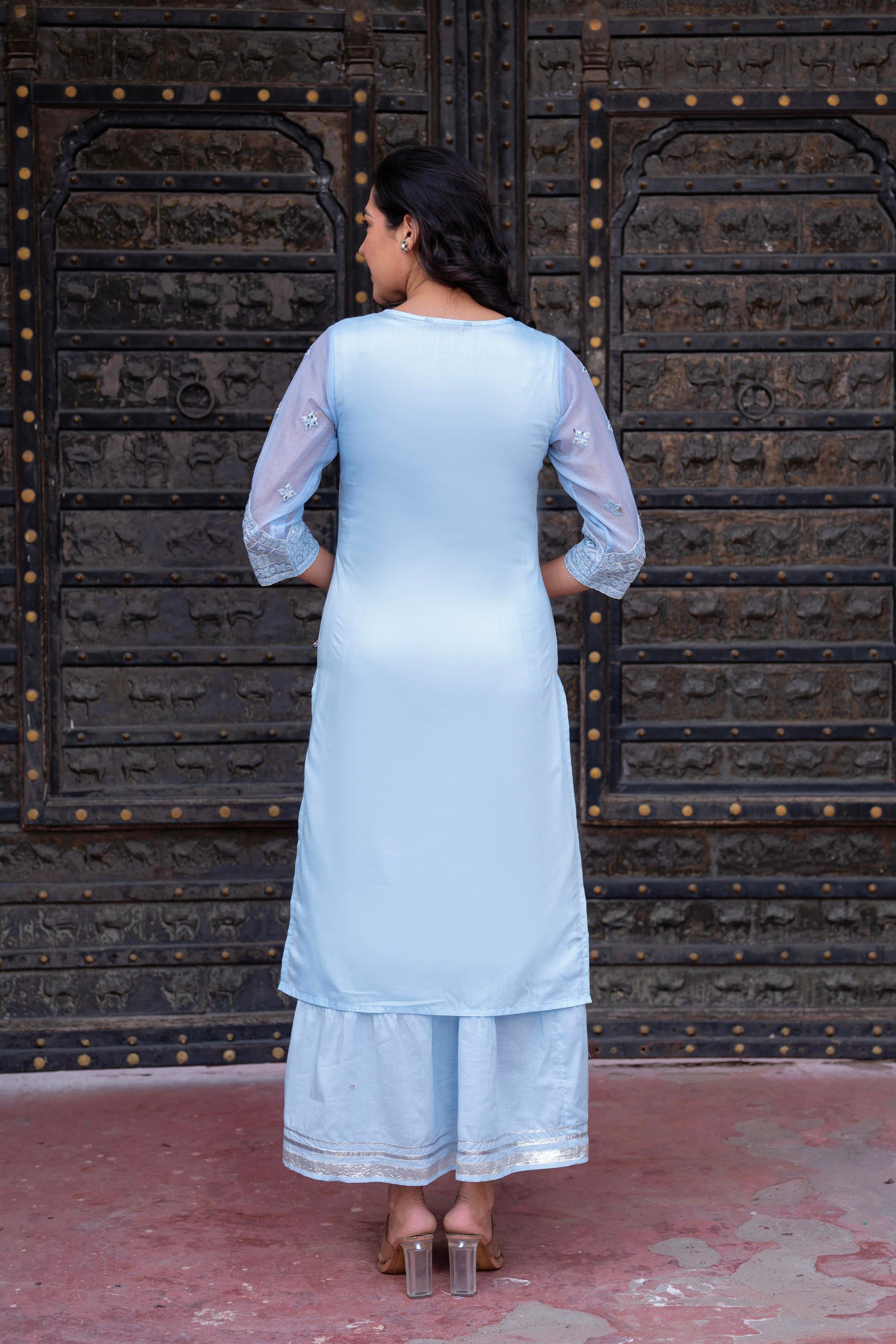 Sky Blue Chanderi Floral Mirror Embroidered Dress with Gota Lace & Glitter Work