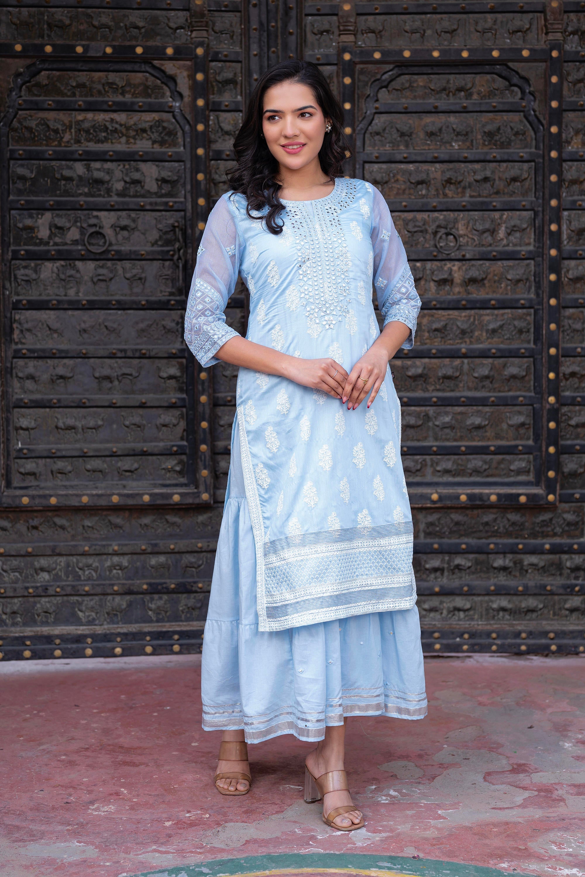 Sky Blue Chanderi Floral Mirror Embroidered Dress with Gota Lace & Glitter Work