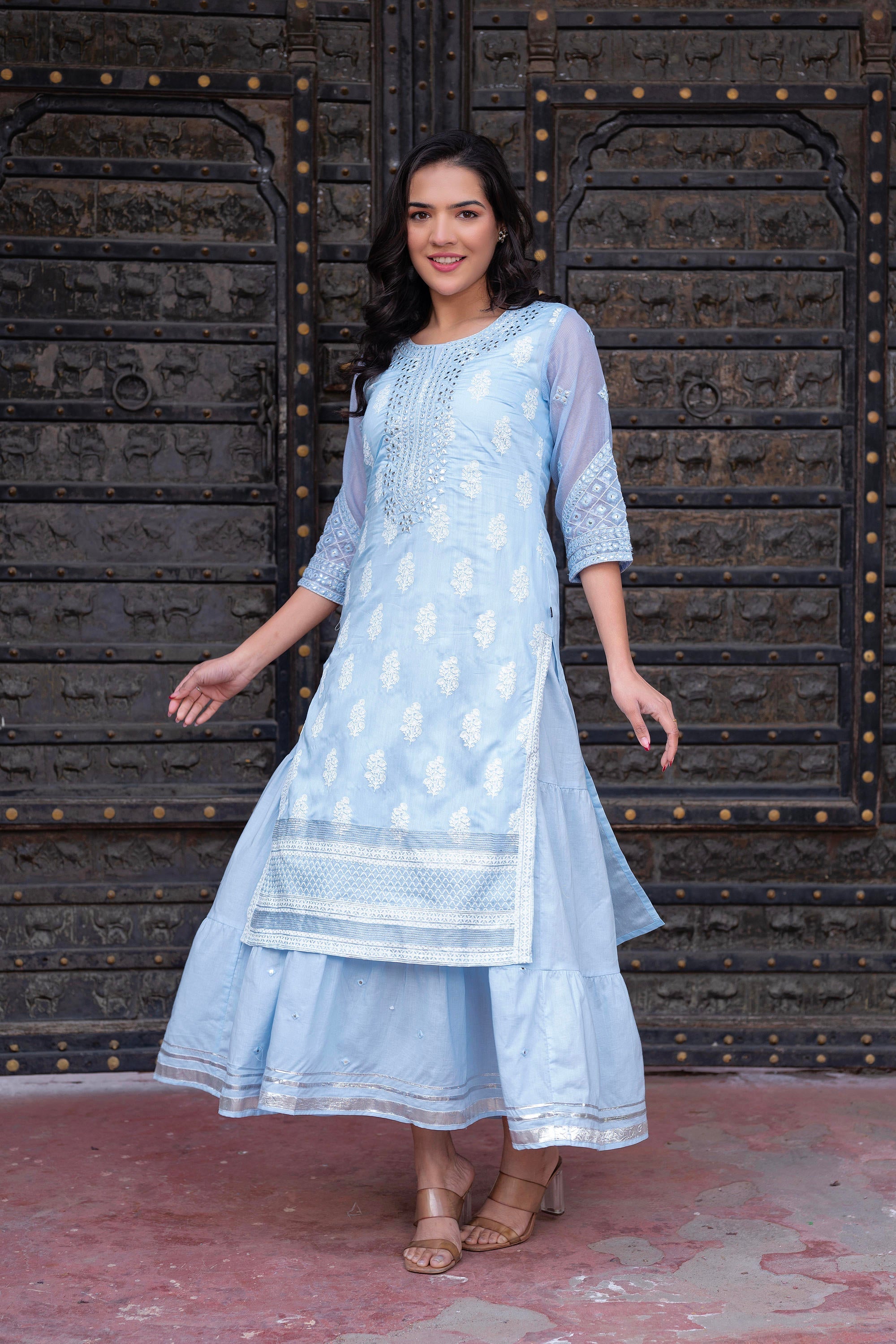 Sky Blue Chanderi Floral Mirror Embroidered Dress with Gota Lace & Glitter Work
