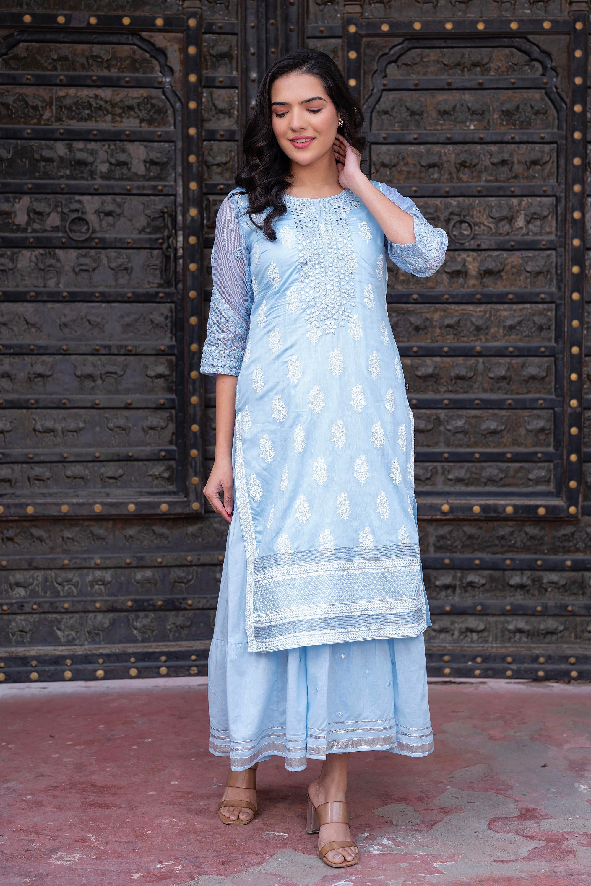 Sky Blue Chanderi Floral Mirror Embroidered Dress with Gota Lace & Glitter Work