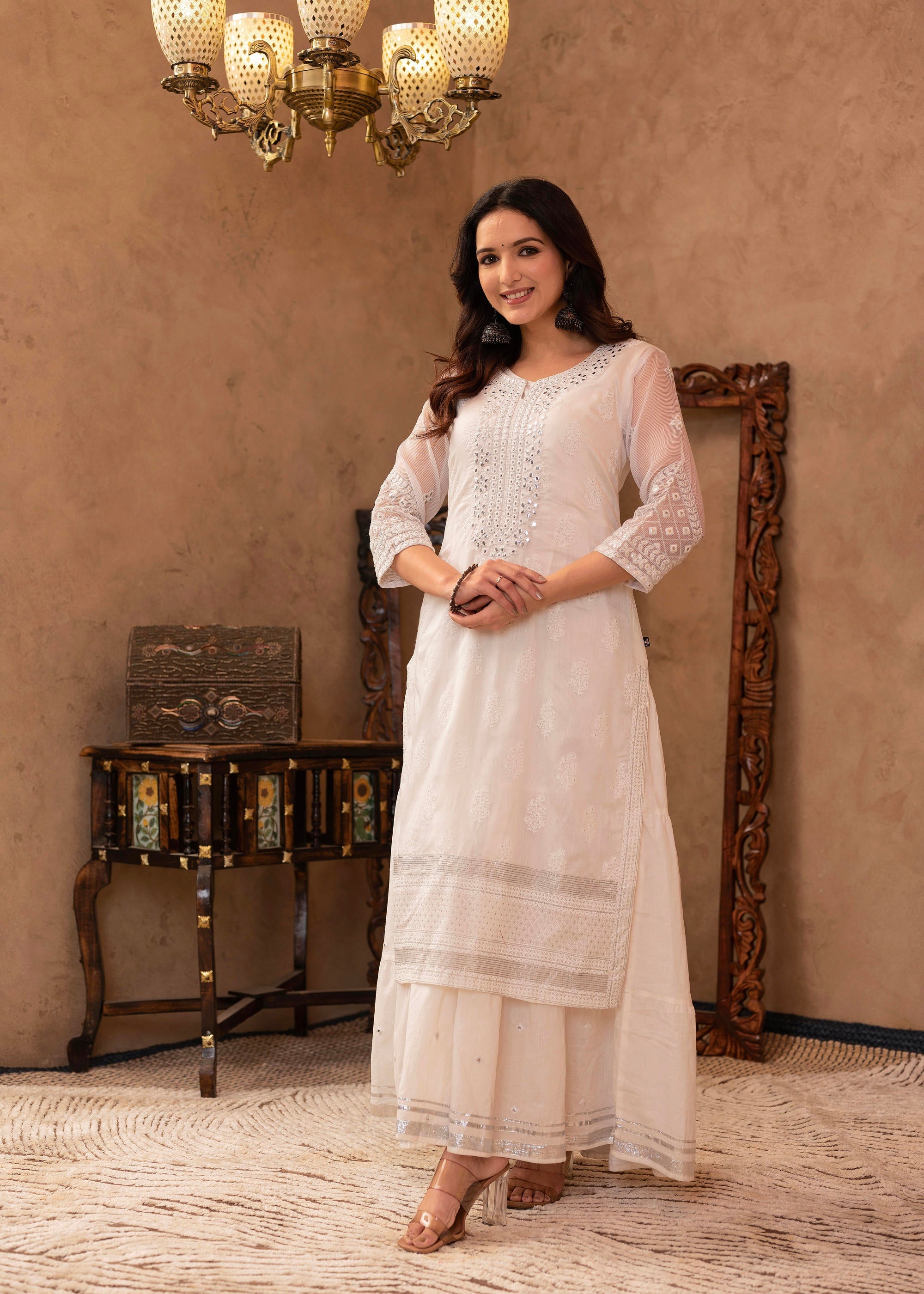 White Chanderi Mirror Embroidered Kurta with Gota Lace & Glitter Work
