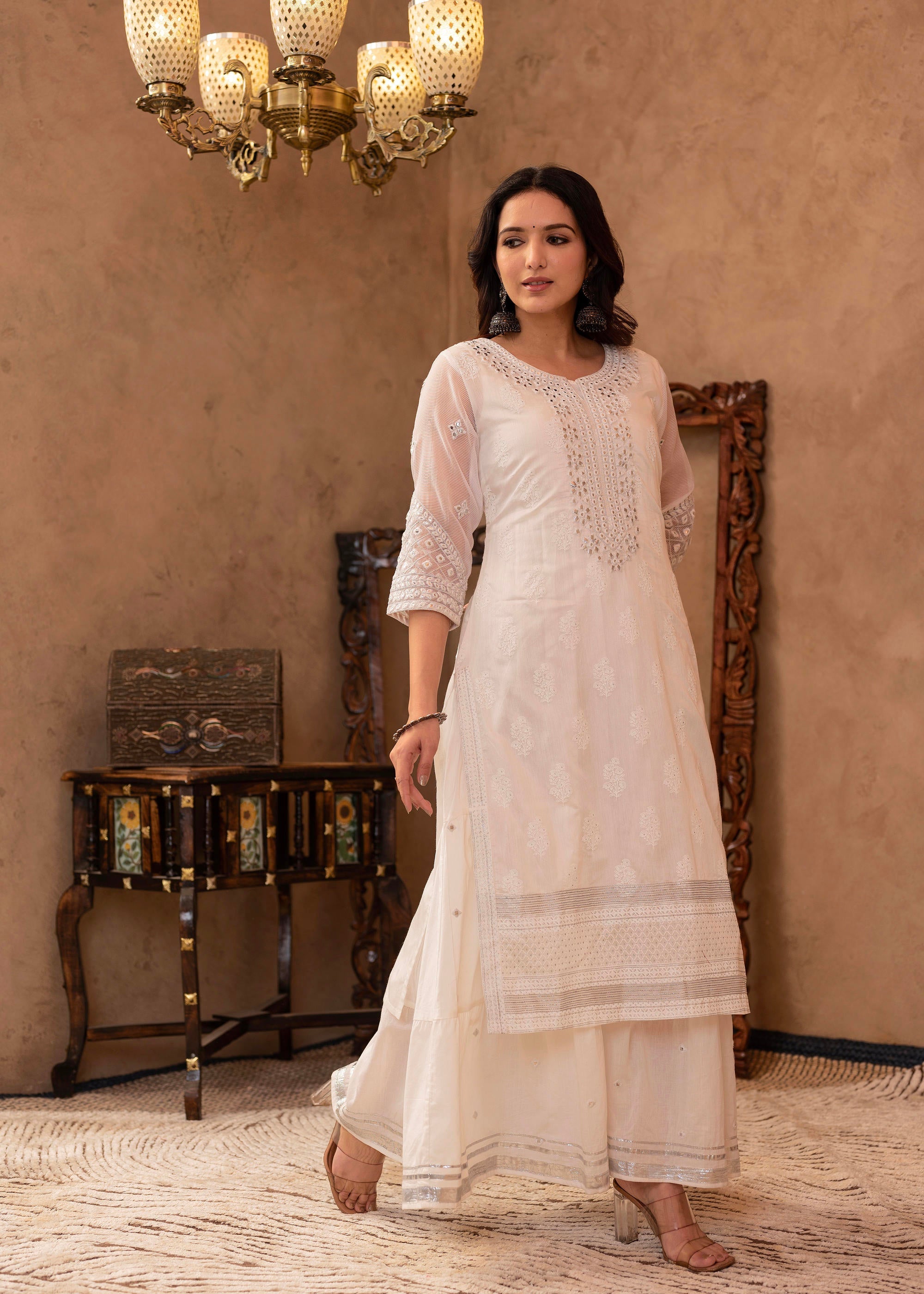 White Chanderi Mirror Embroidered Kurta with Gota Lace & Glitter Work