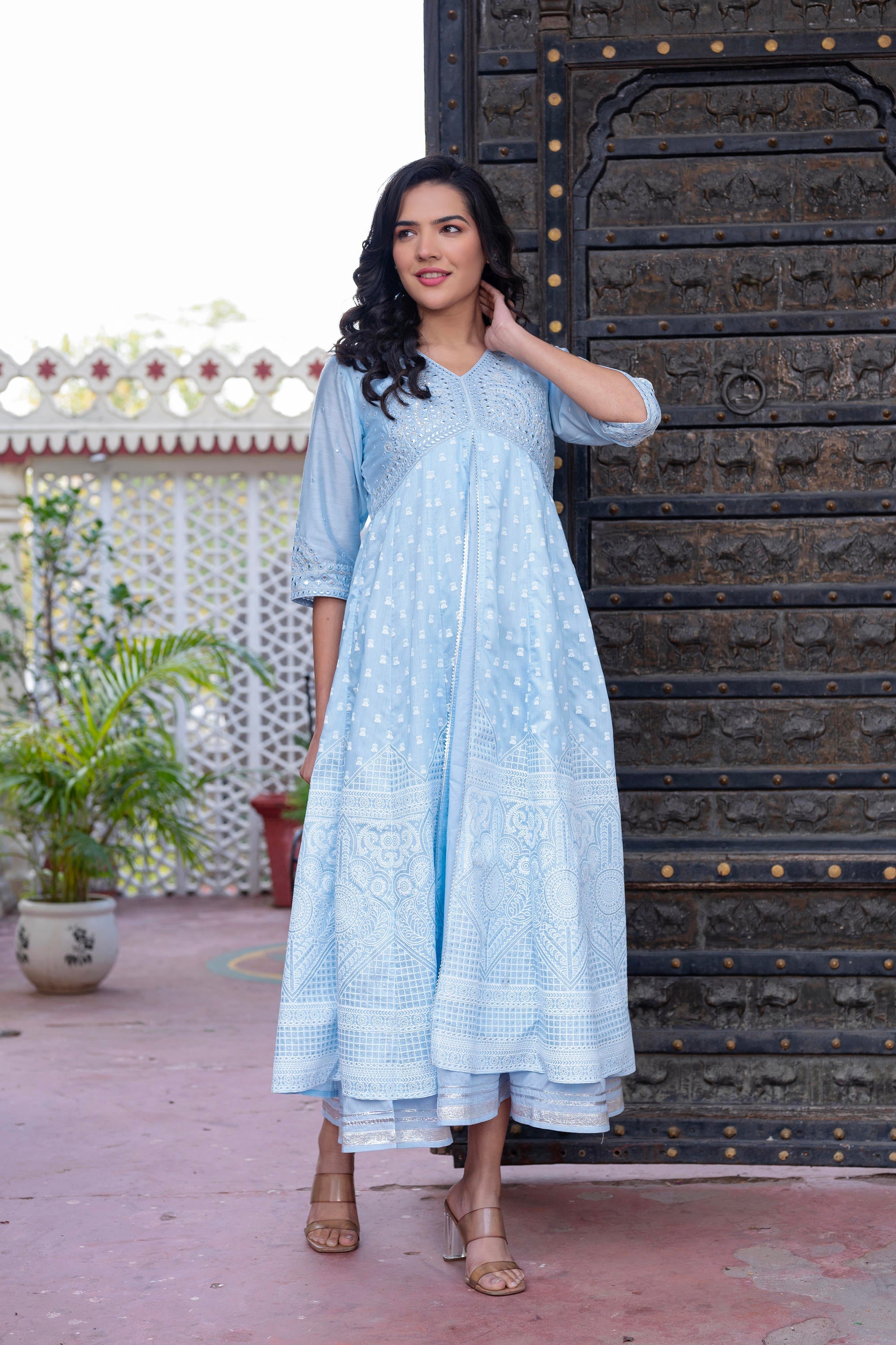 Sky Blue Chanderi Geometric Printed Mirror Embroidered Dress with Gota Lace & Glitter Work