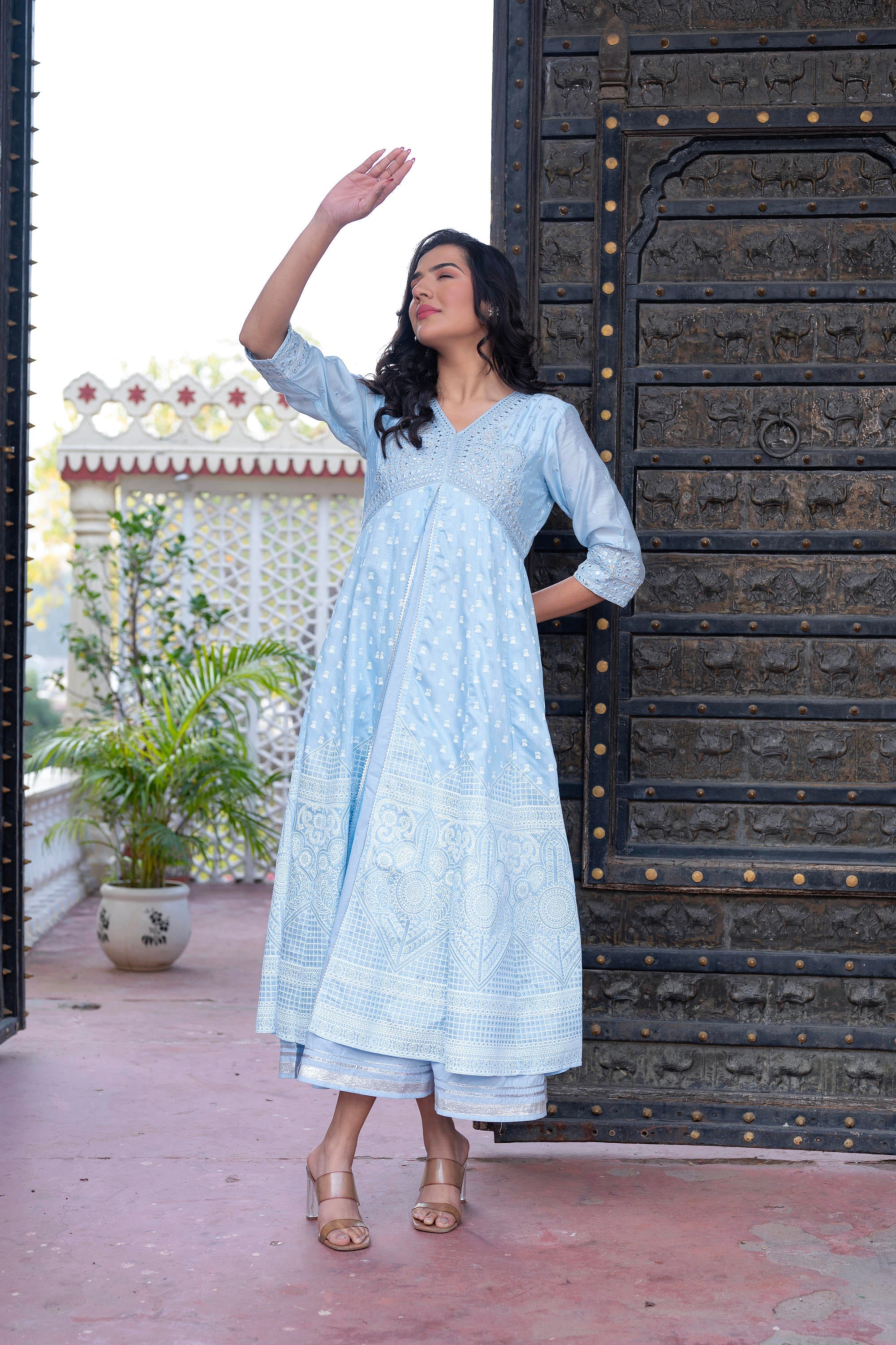 Sky Blue Chanderi Geometric Printed Mirror Embroidered Dress with Gota Lace & Glitter Work