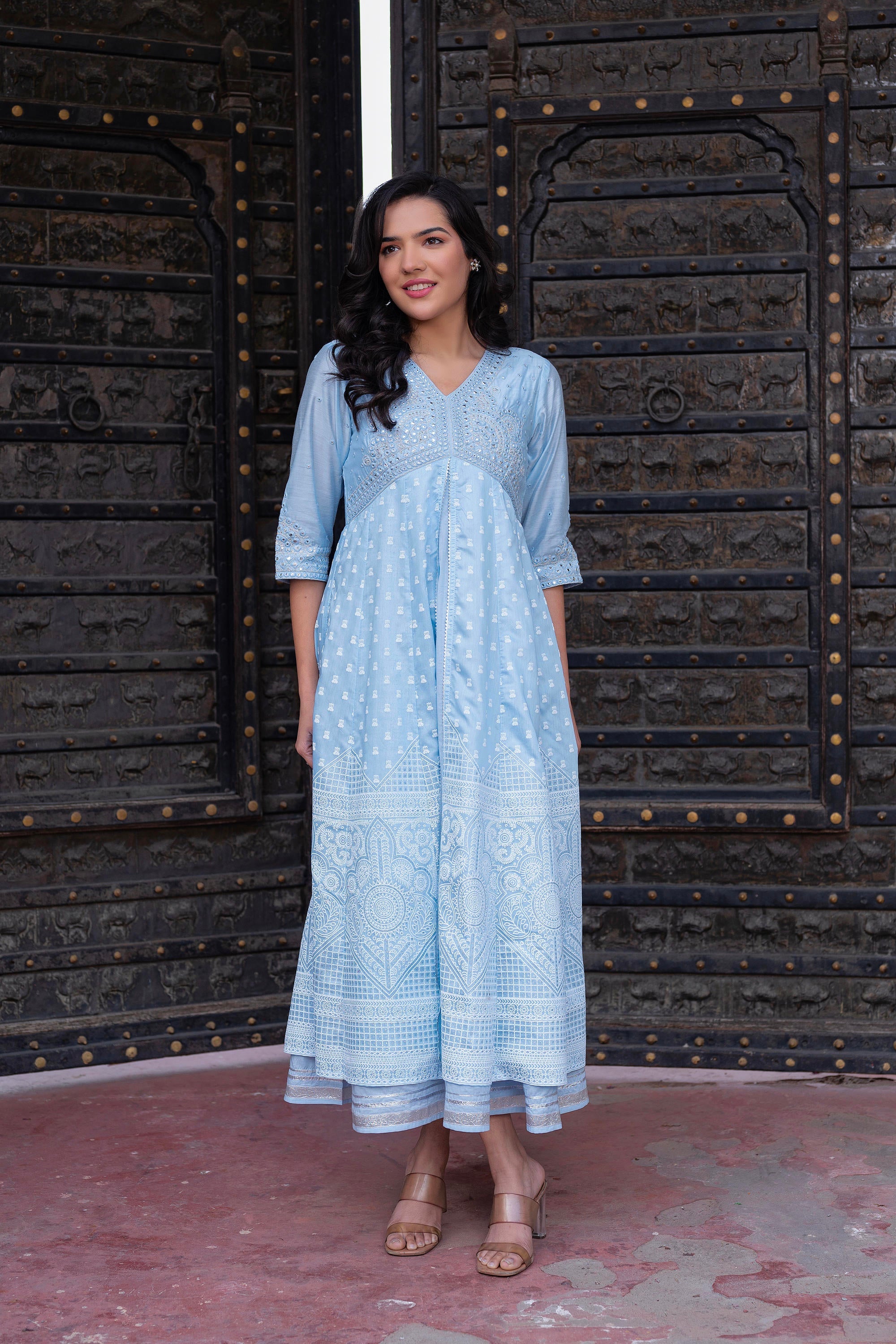 Sky Blue Chanderi Geometric Printed Mirror Embroidered Dress with Gota Lace & Glitter Work