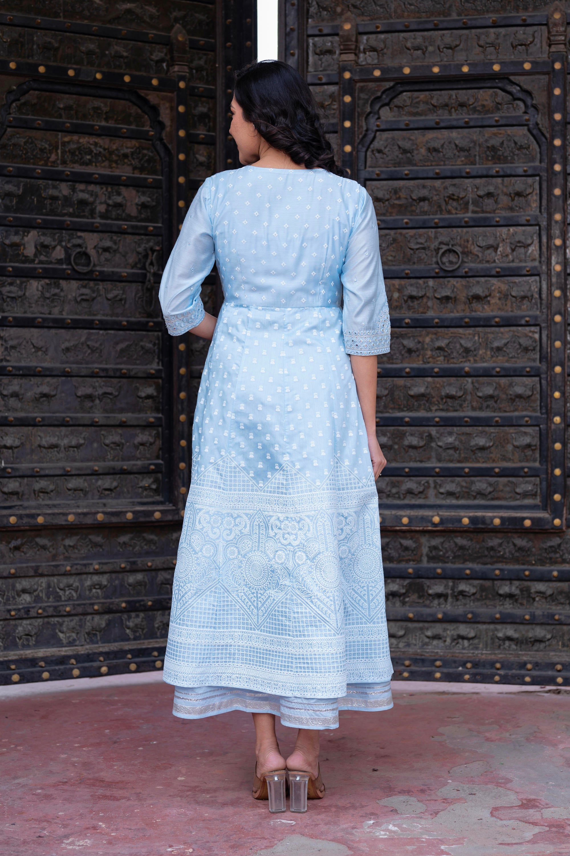 Sky Blue Chanderi Geometric Printed Mirror Embroidered Dress with Gota Lace & Glitter Work