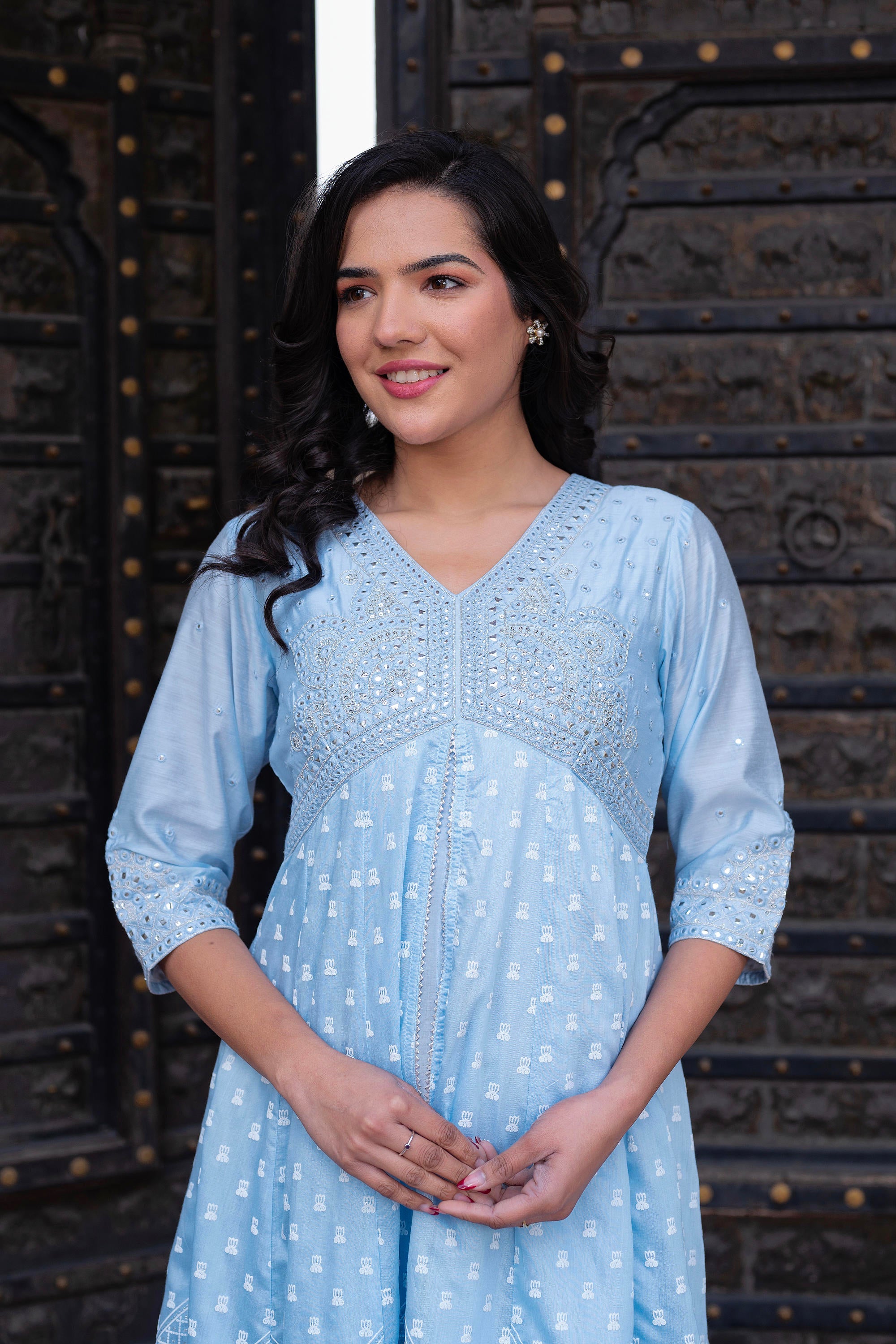 Sky Blue Chanderi Geometric Printed Mirror Embroidered Dress with Gota Lace & Glitter Work