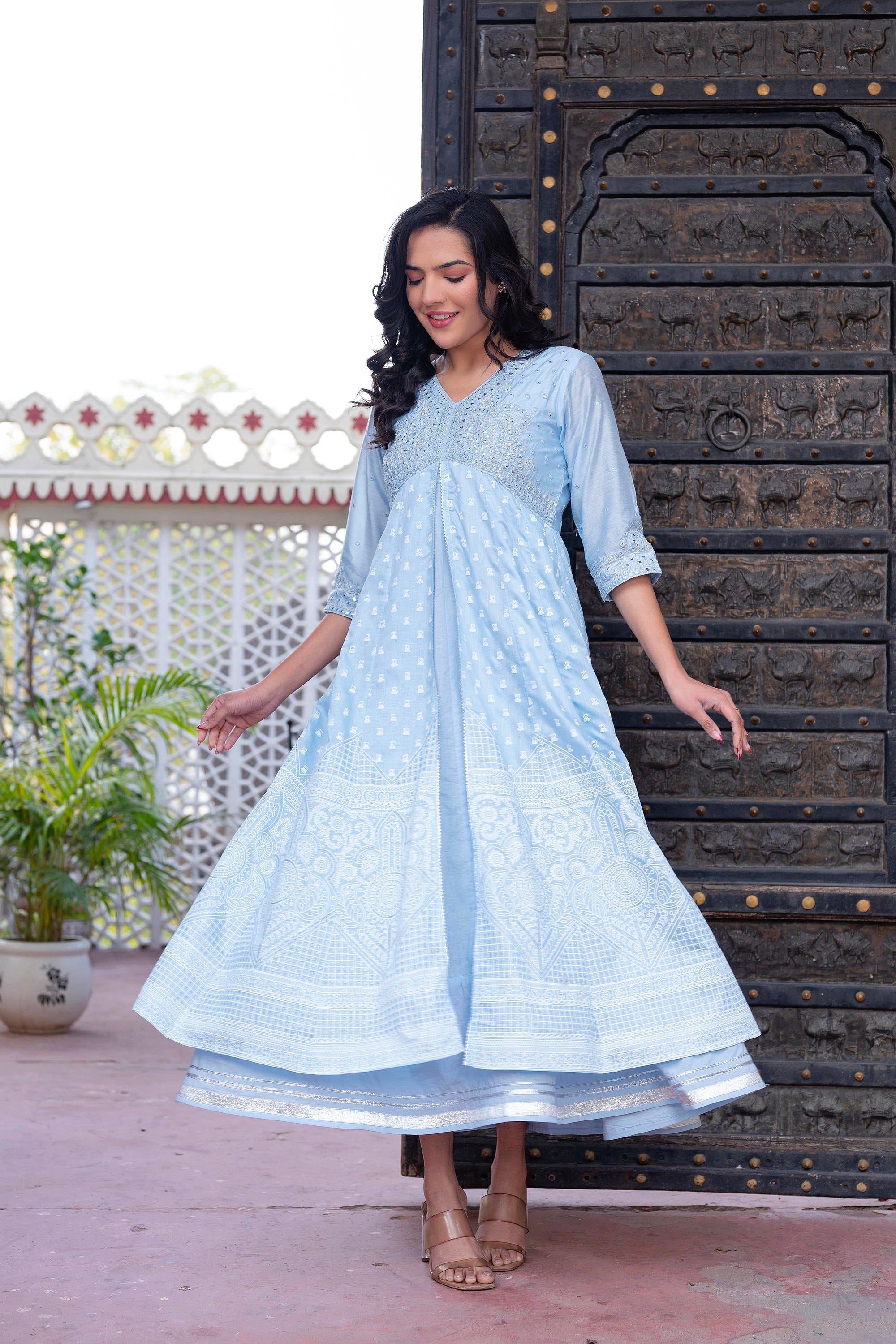 Sky Blue Chanderi Geometric Printed Mirror Embroidered Dress with Gota Lace & Glitter Work