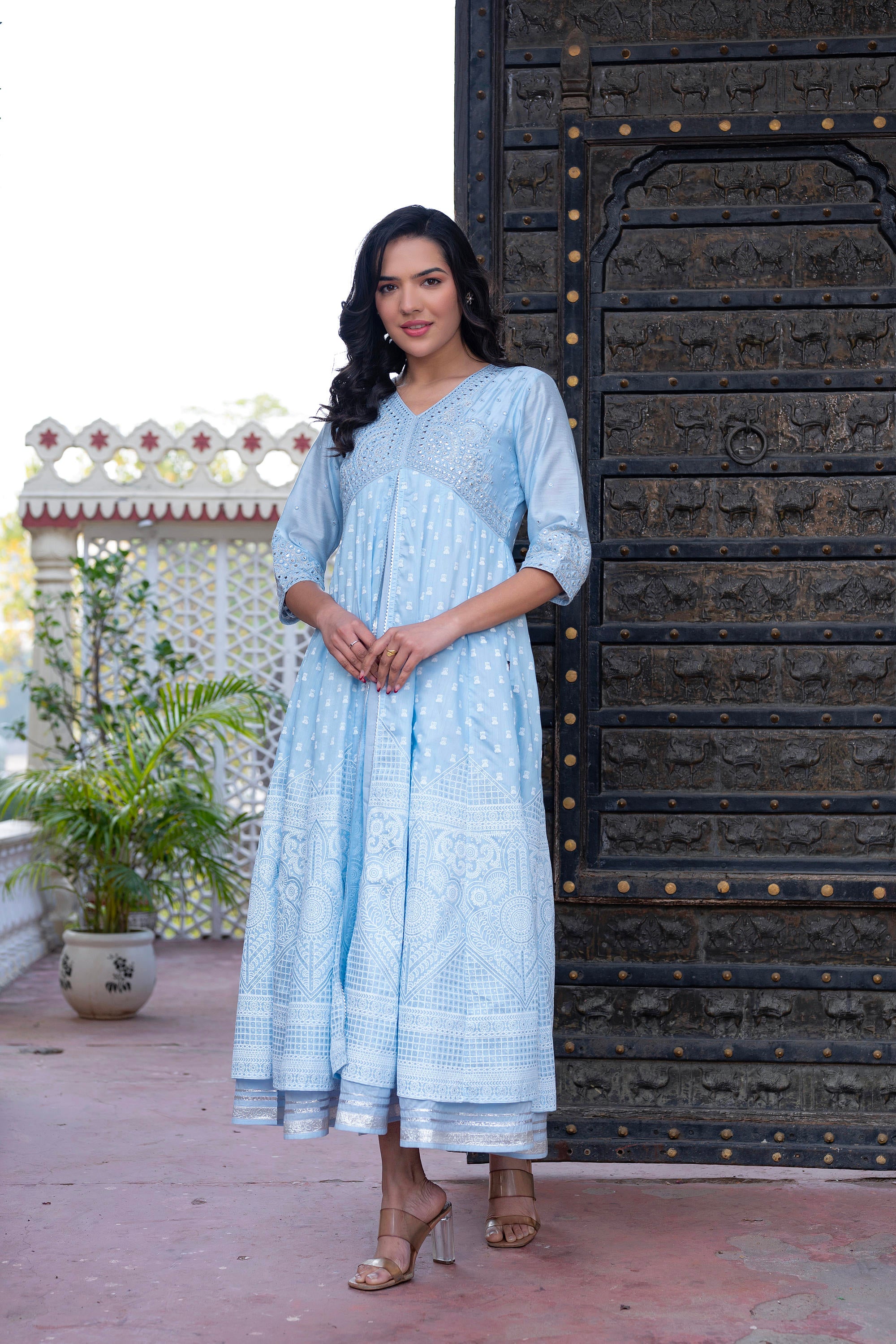 Sky Blue Chanderi Geometric Printed Mirror Embroidered Dress with Gota Lace & Glitter Work
