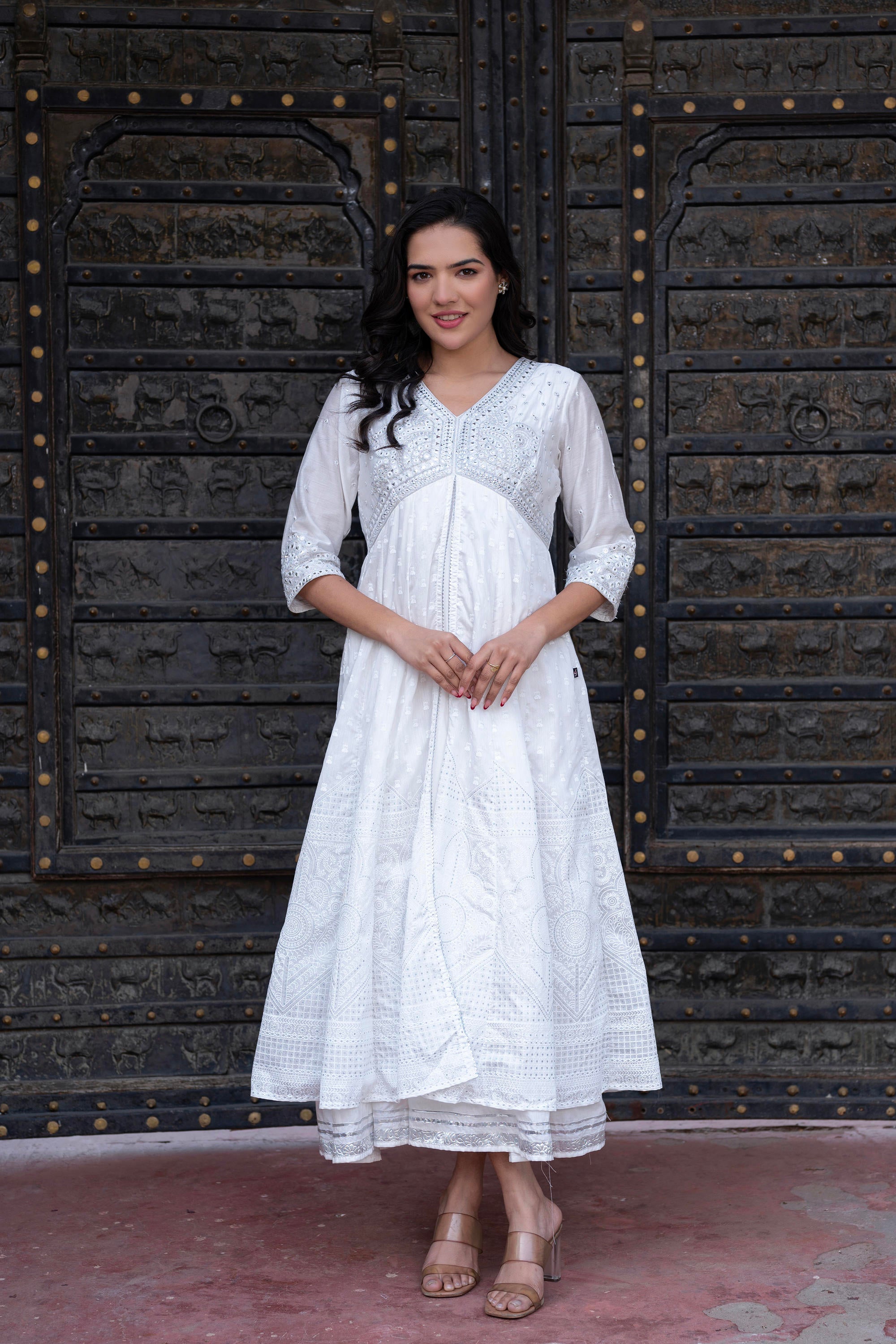 White Chanderi Geometric Printed Dress with Mirror Embroidery, Gota Lace & Glitter Work