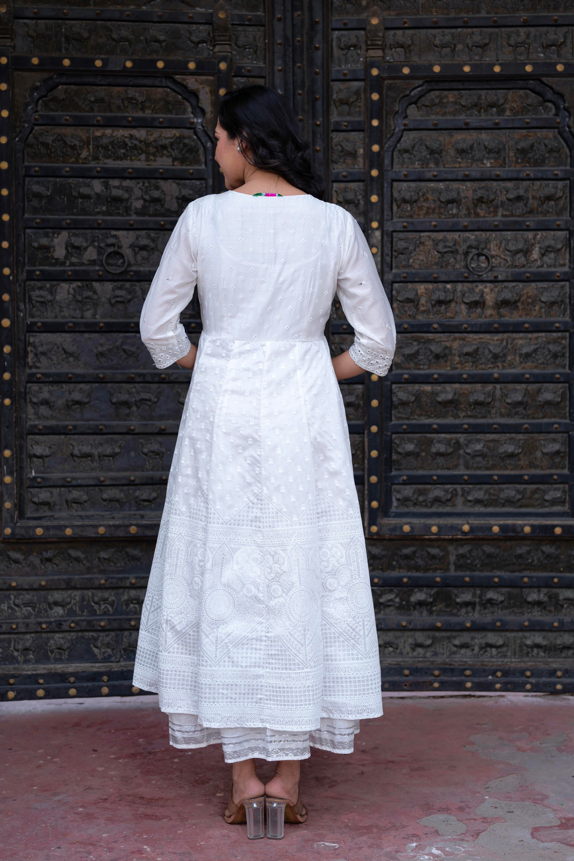 White Chanderi Geometric Printed Dress with Mirror Embroidery, Gota Lace & Glitter Work