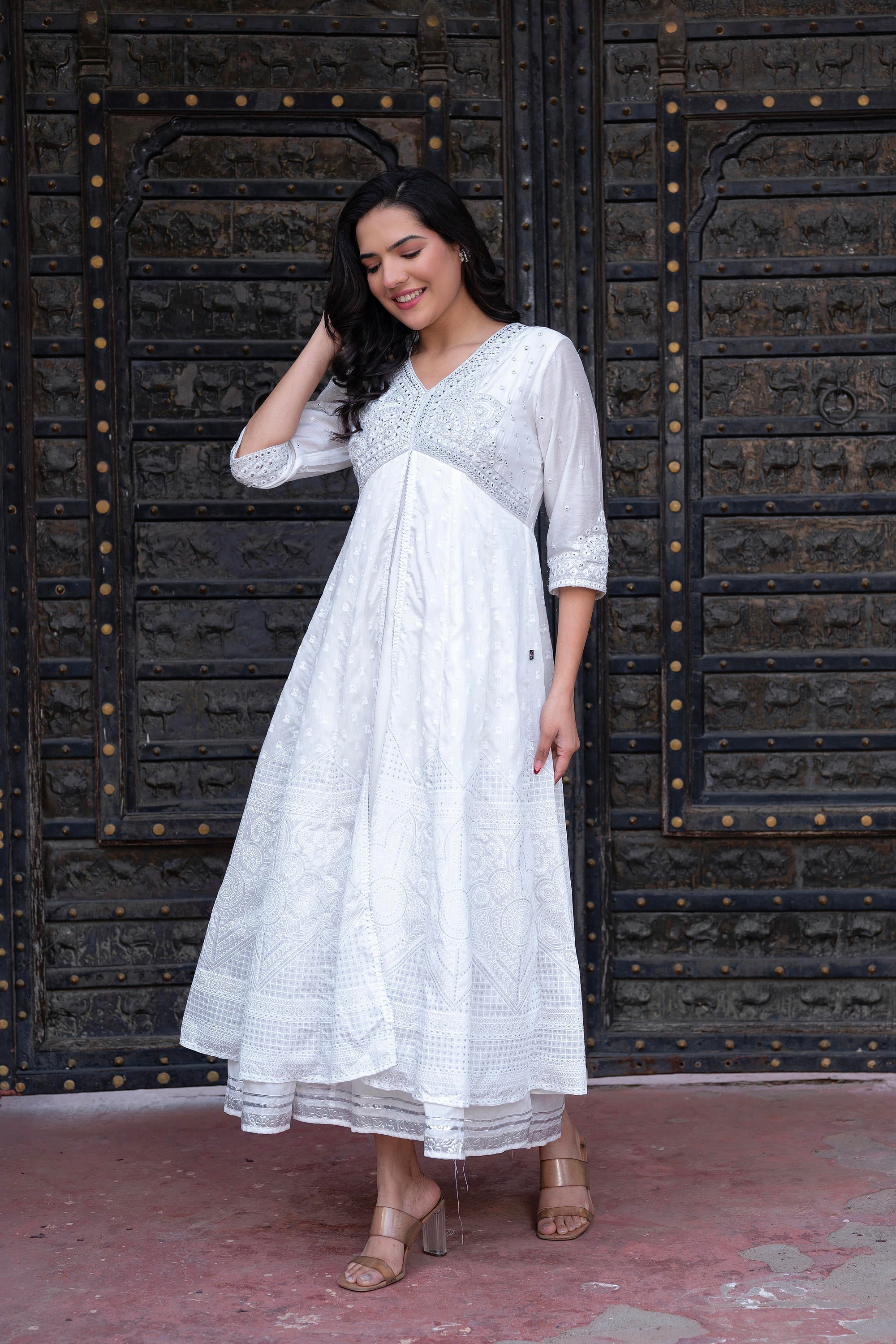 White Chanderi Geometric Printed Dress with Mirror Embroidery, Gota Lace & Glitter Work