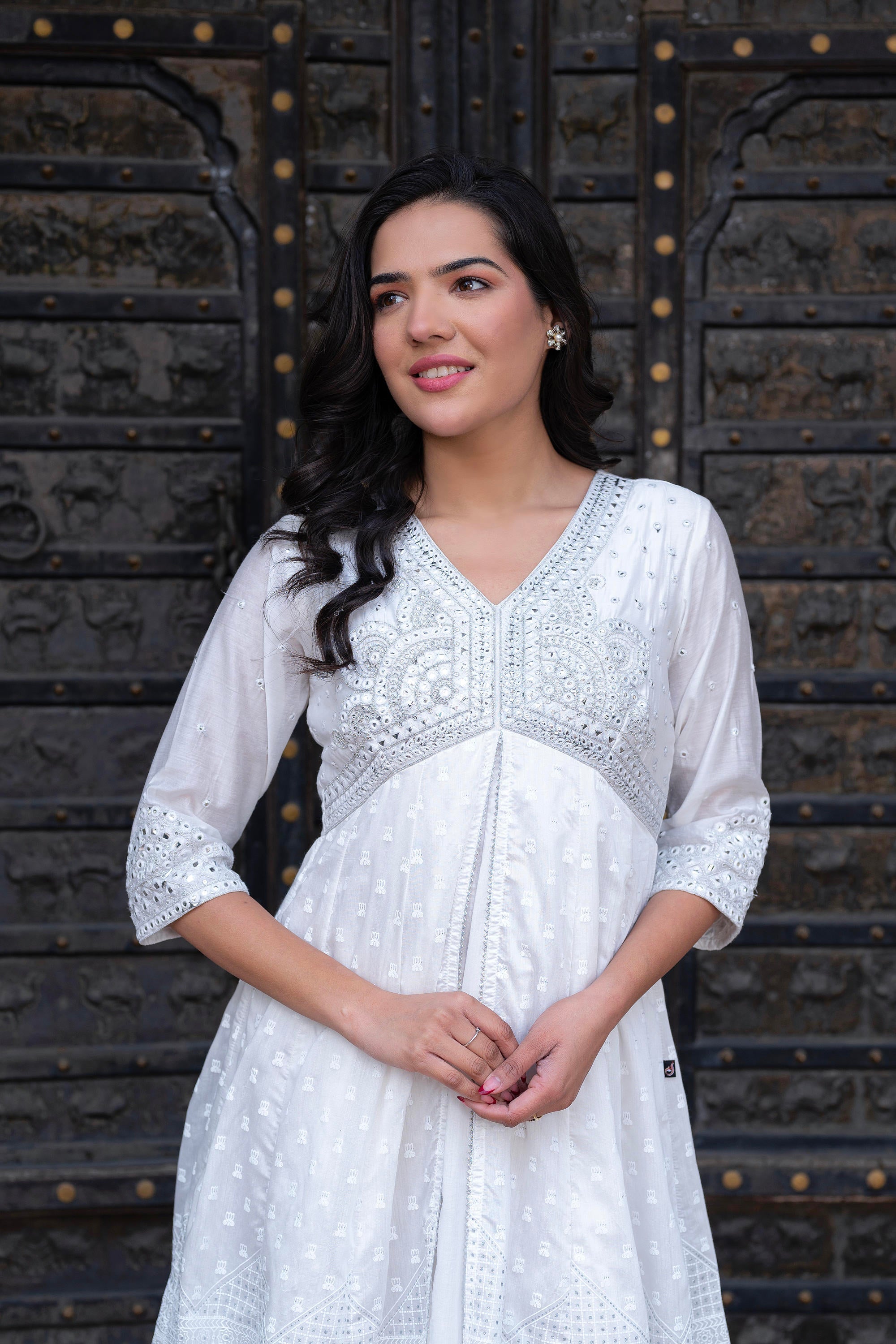 White Chanderi Geometric Printed Dress with Mirror Embroidery, Gota Lace & Glitter Work