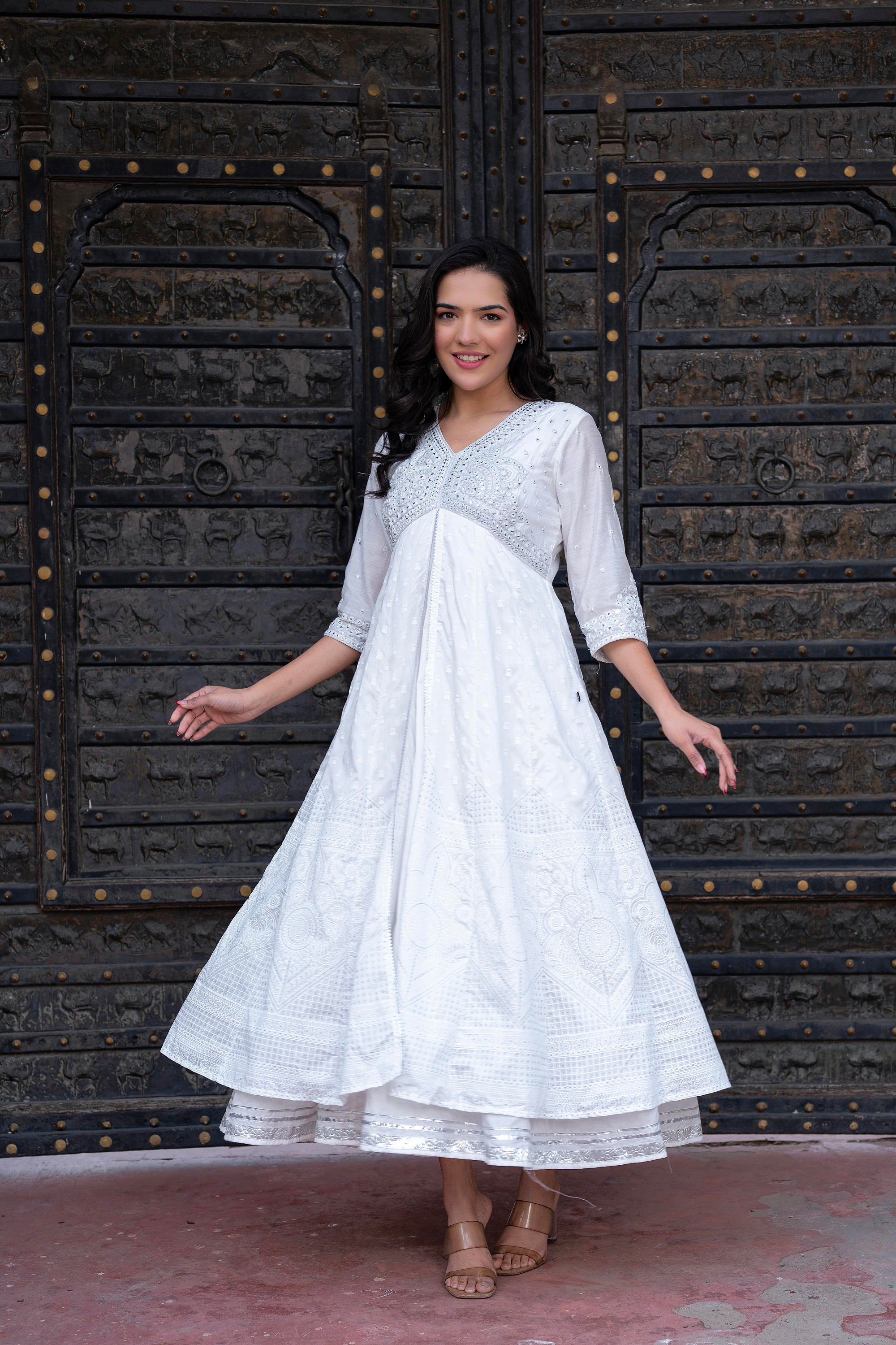White Chanderi Geometric Printed Dress with Mirror Embroidery, Gota Lace & Glitter Work