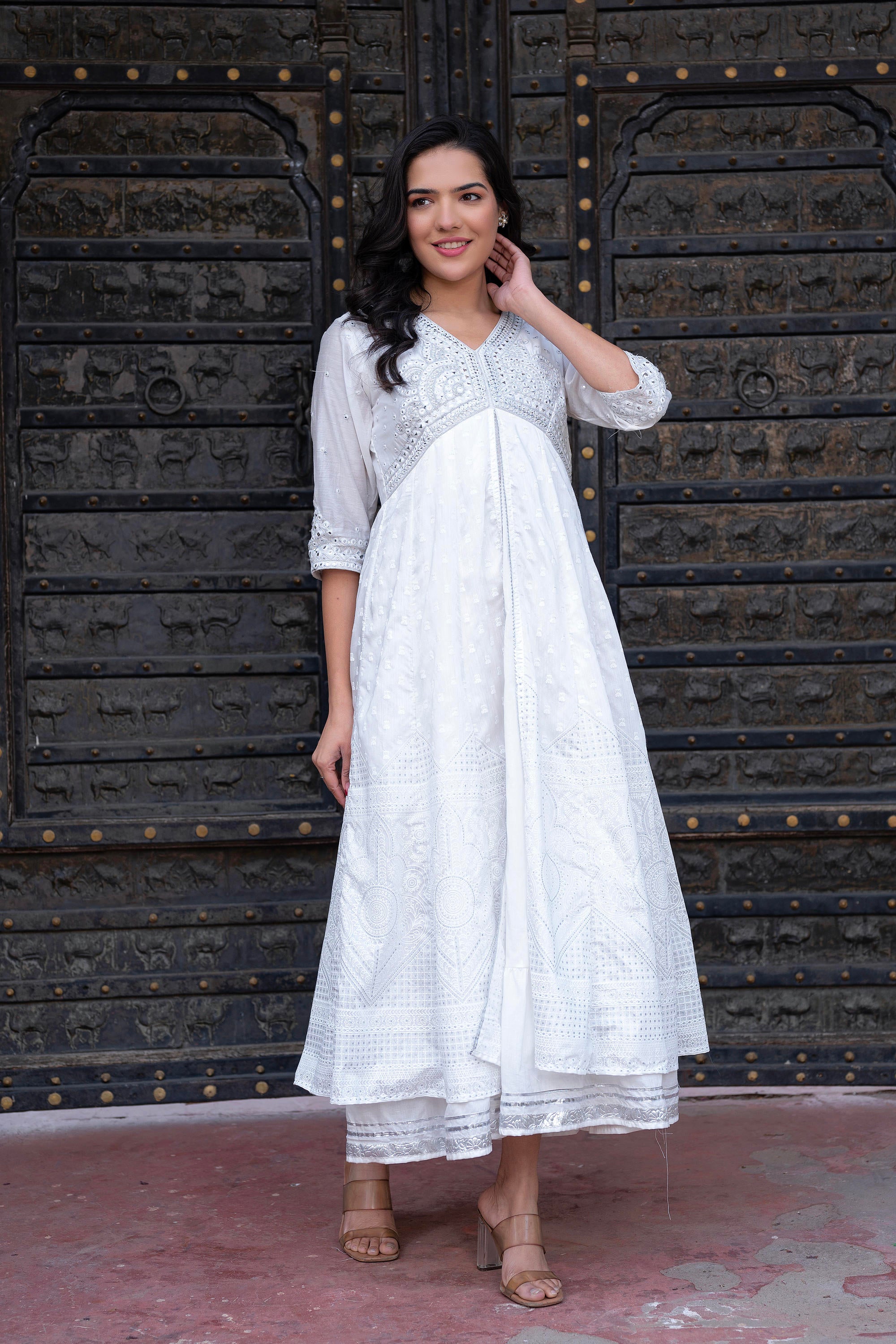 White Chanderi Geometric Printed Dress with Mirror Embroidery, Gota Lace & Glitter Work