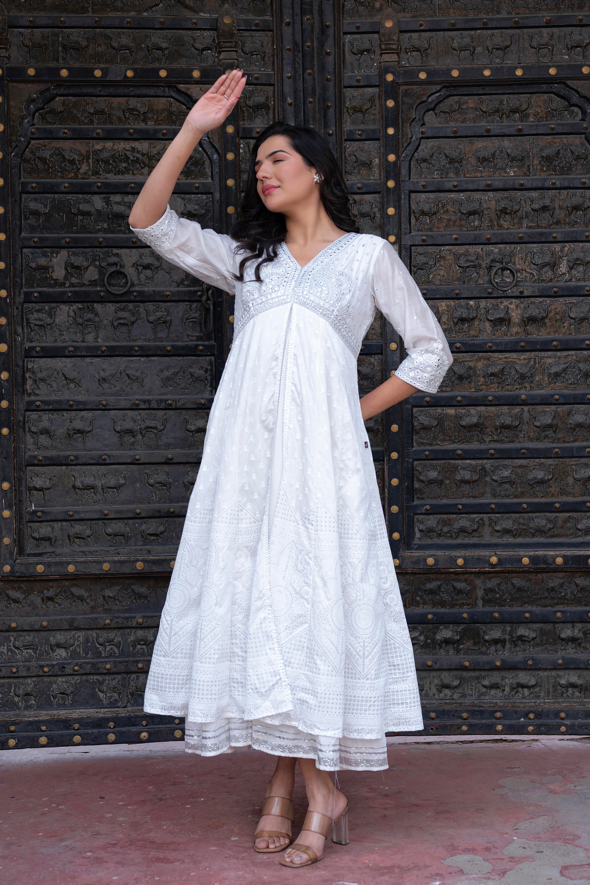 White Chanderi Geometric Printed Dress with Mirror Embroidery, Gota Lace & Glitter Work