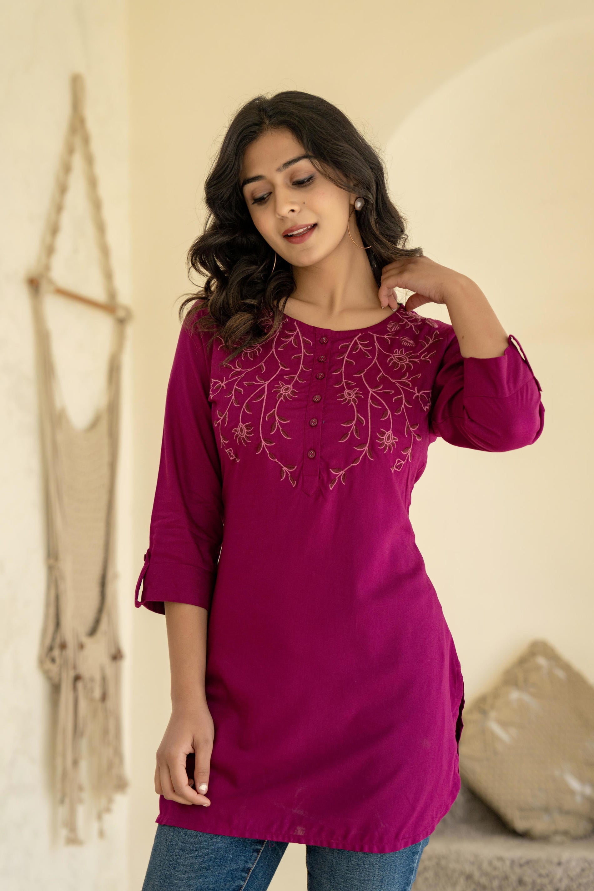 Plum Embroidered Tunic Top with Button Detailing