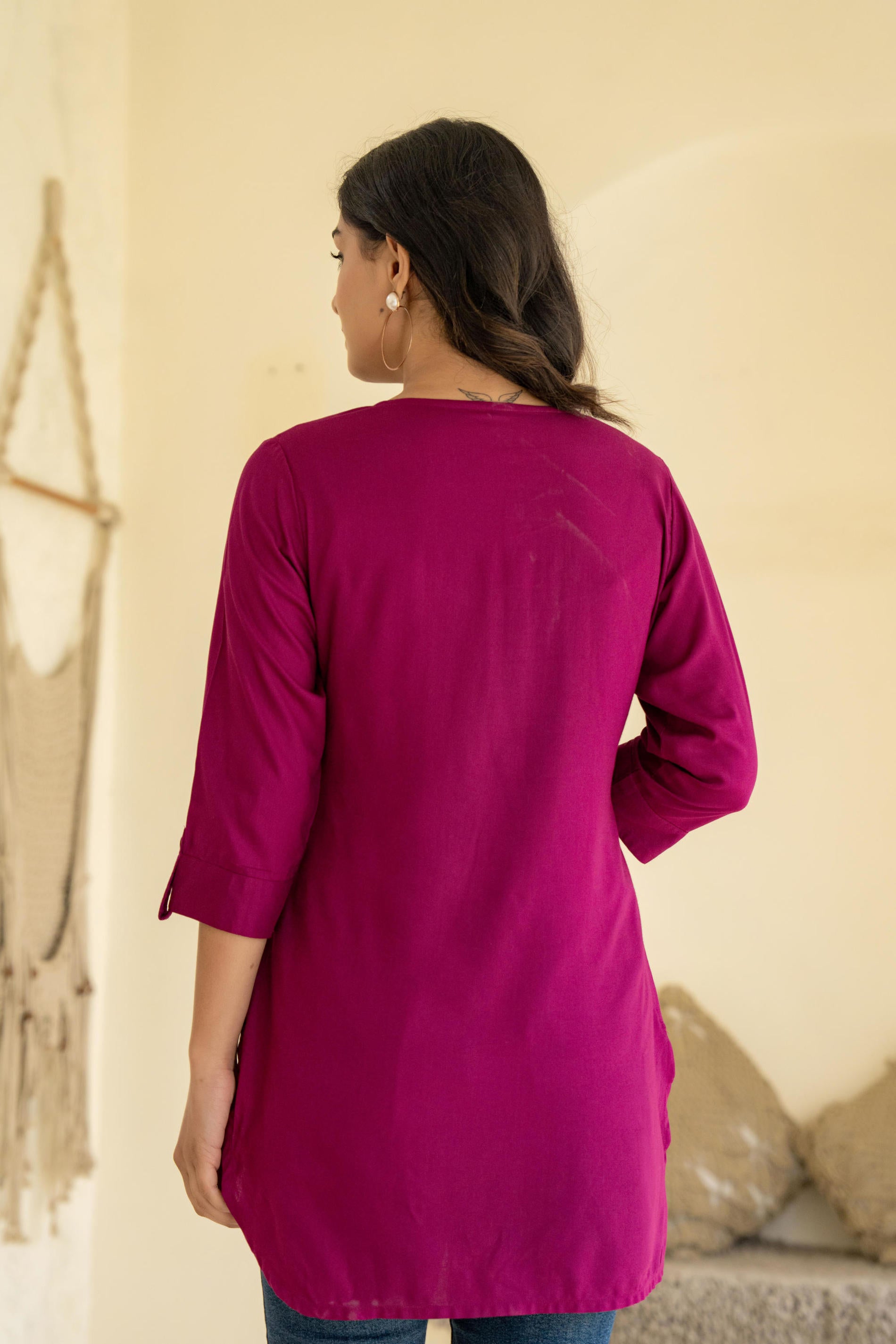 Plum Embroidered Tunic Top with Button Detailing