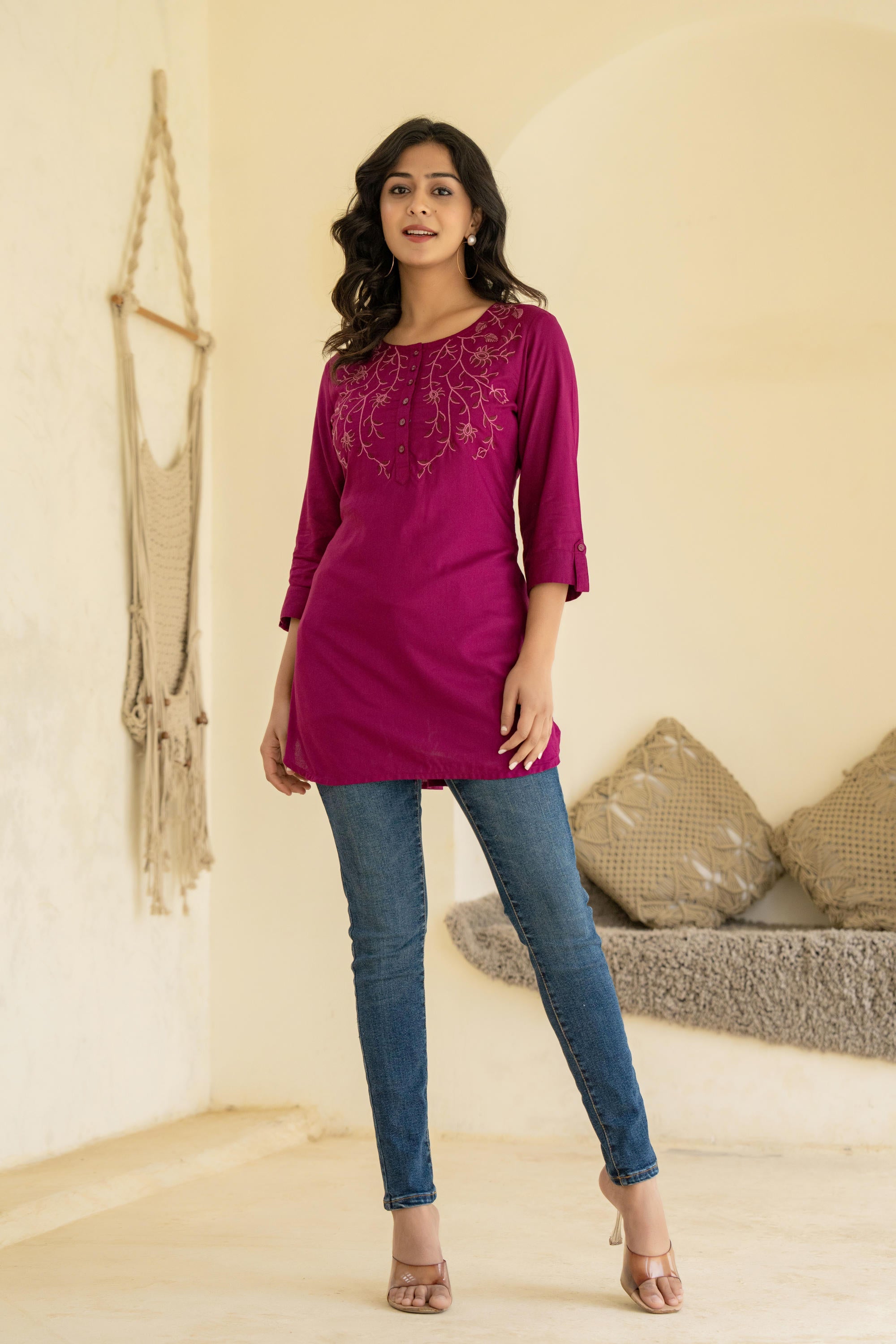 Plum Embroidered Tunic Top with Button Detailing