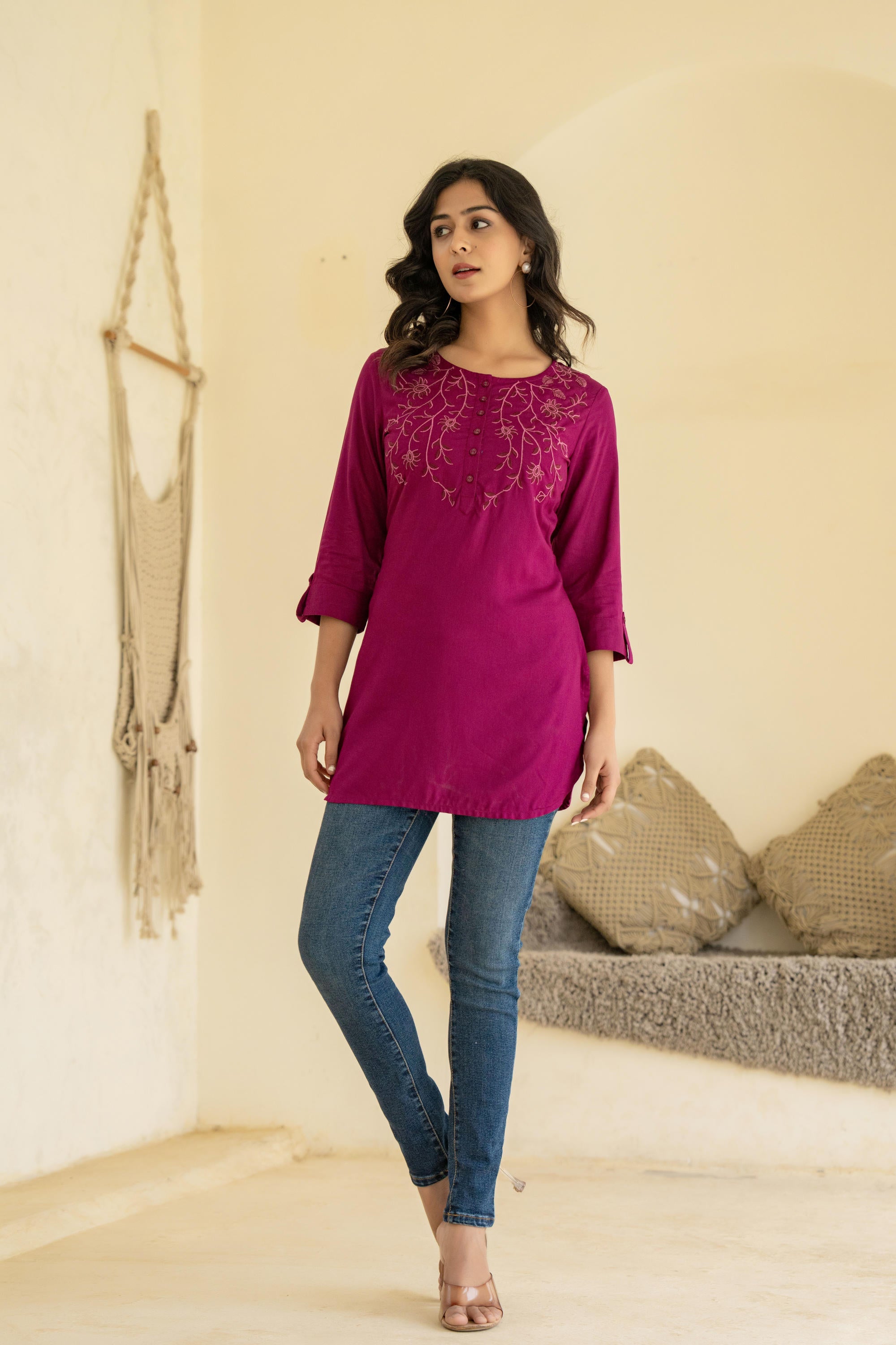 Plum Embroidered Tunic Top with Button Detailing