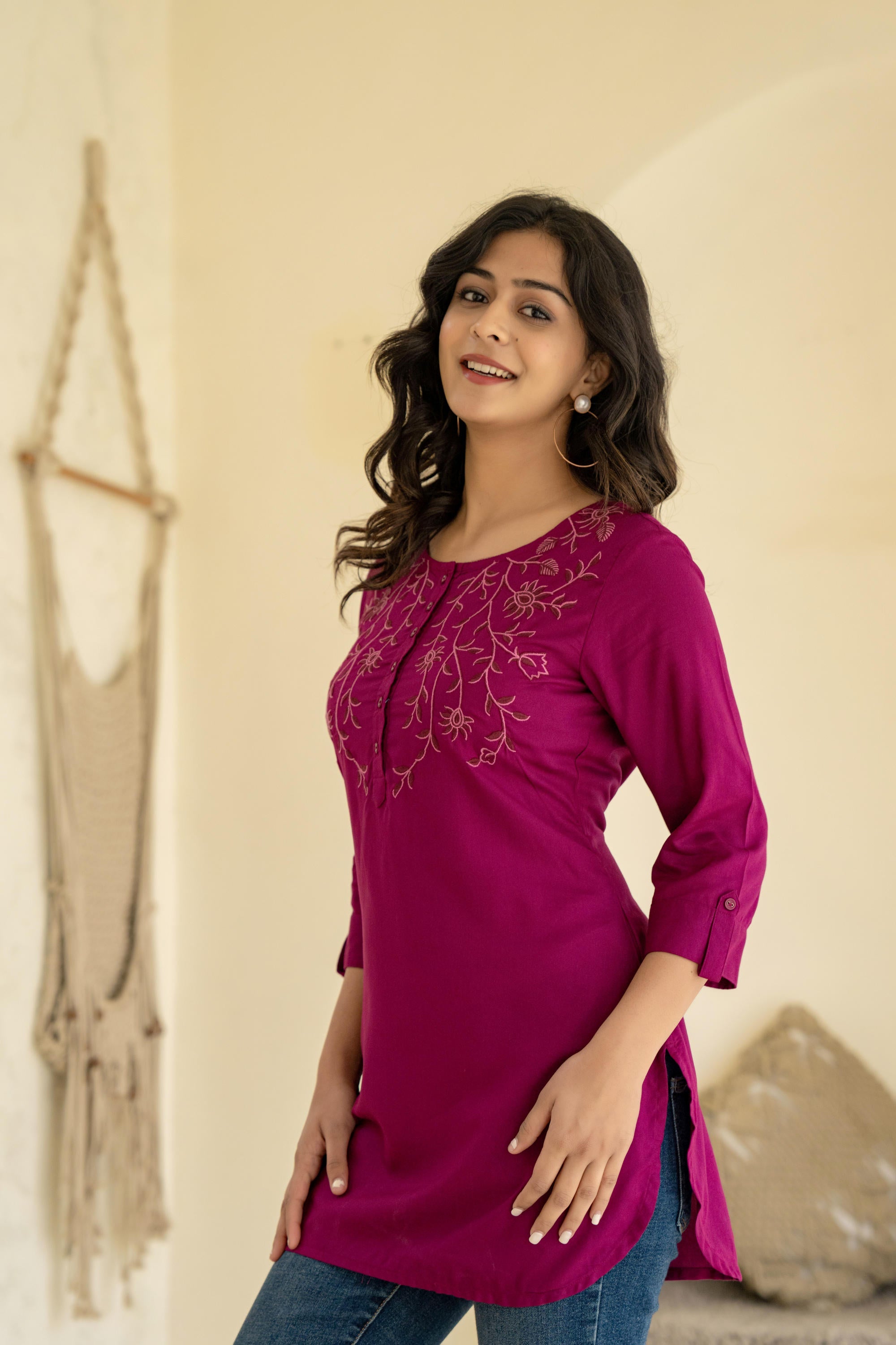 Plum Embroidered Tunic Top with Button Detailing