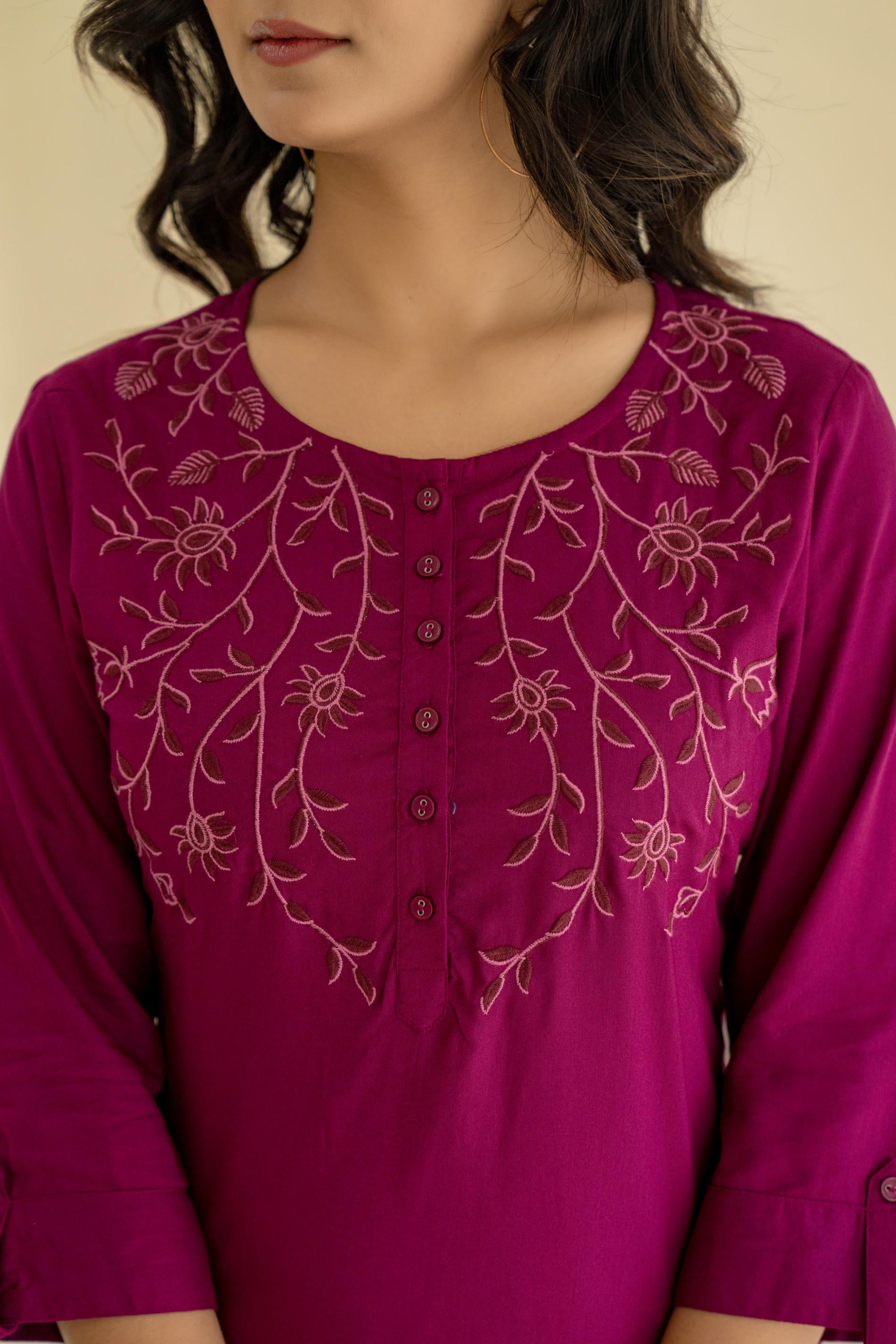 Plum Embroidered Tunic Top with Button Detailing