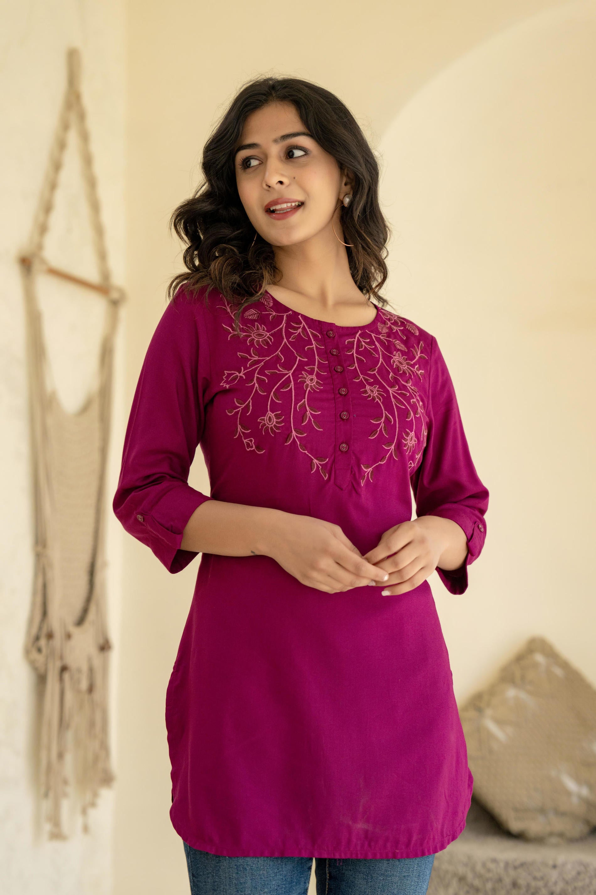 Plum Embroidered Tunic Top with Button Detailing