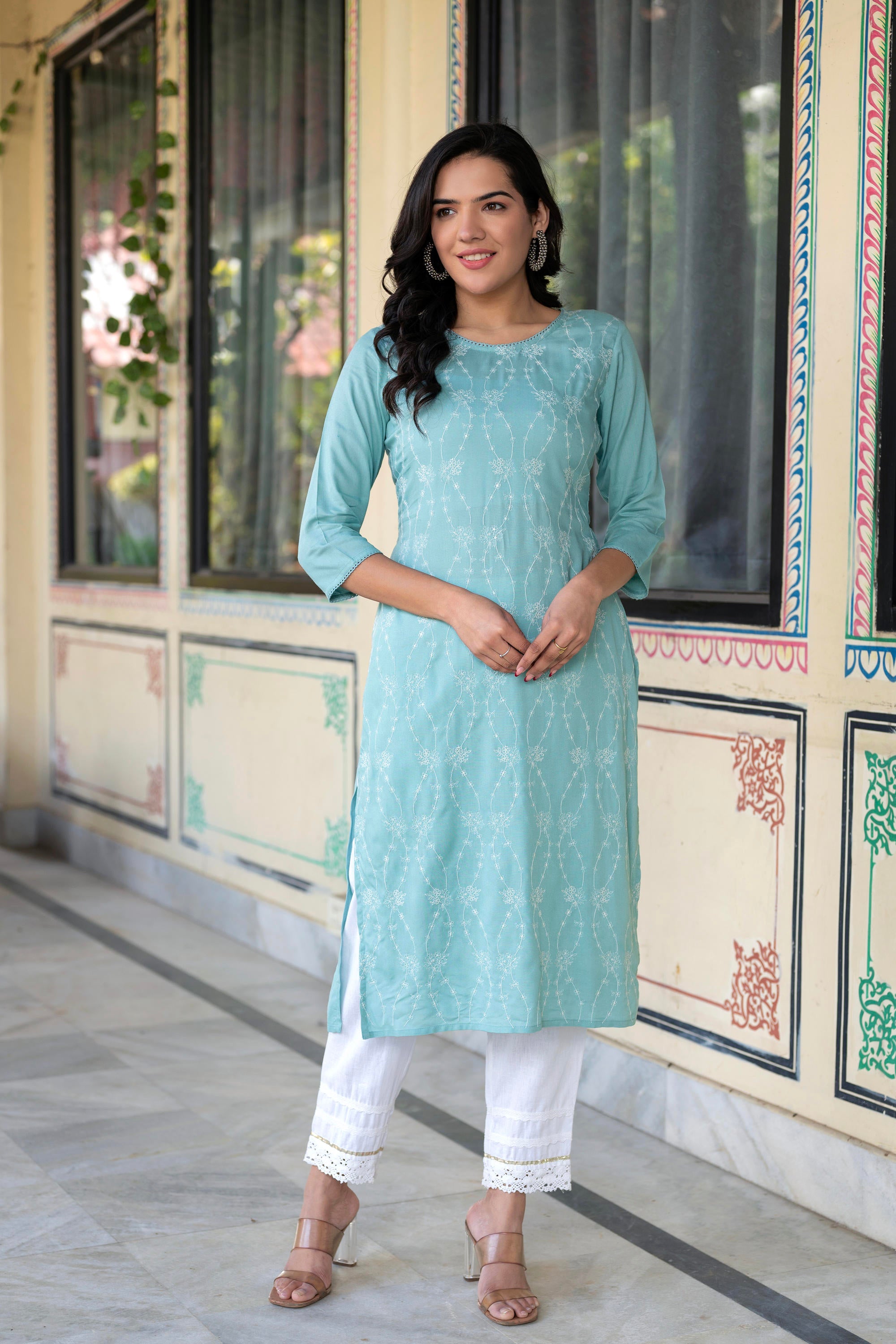Aqua Embroidered Floral Viscose Kurta with Sequins & Cotton Lace