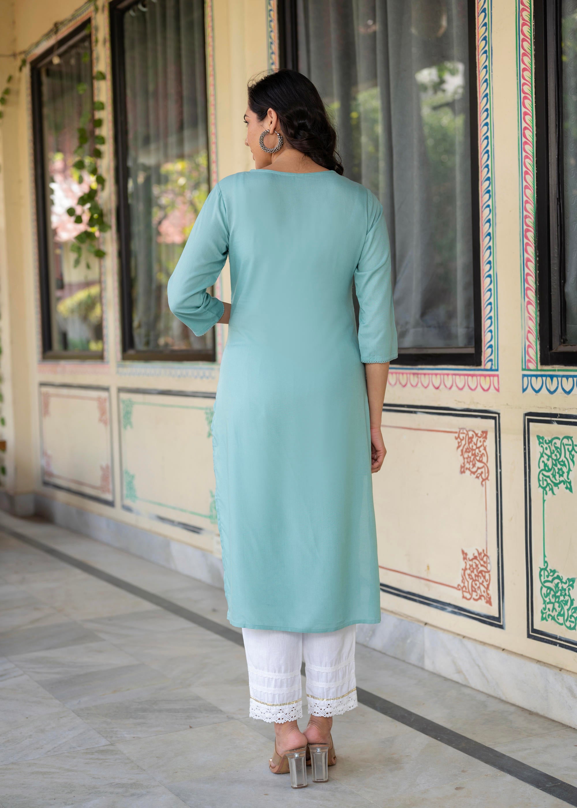 Aqua Embroidered Floral Viscose Kurta with Sequins & Cotton Lace