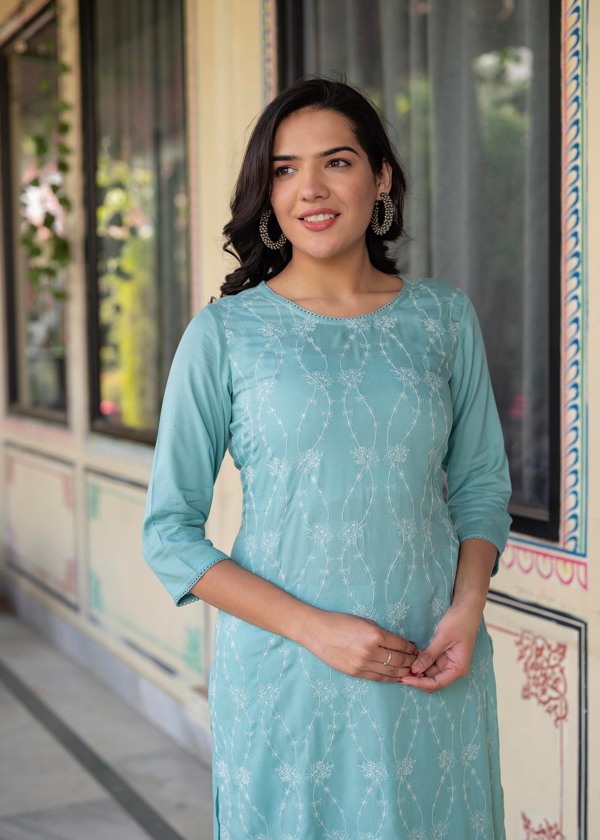 Aqua Embroidered Floral Viscose Kurta with Sequins & Cotton Lace