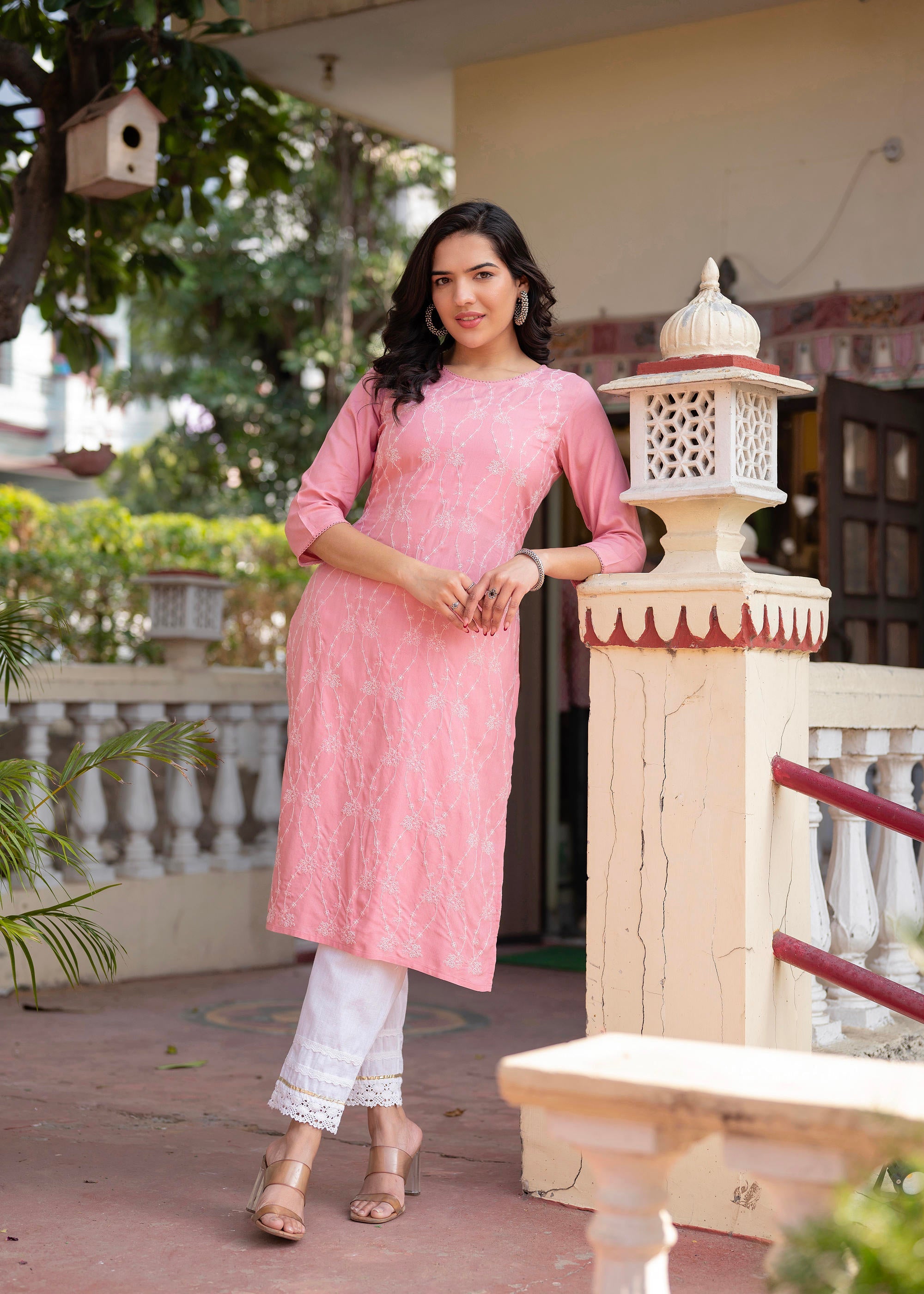 Onion Pink Embroidered Viscose Kurta with Sequins & Cotton Lace