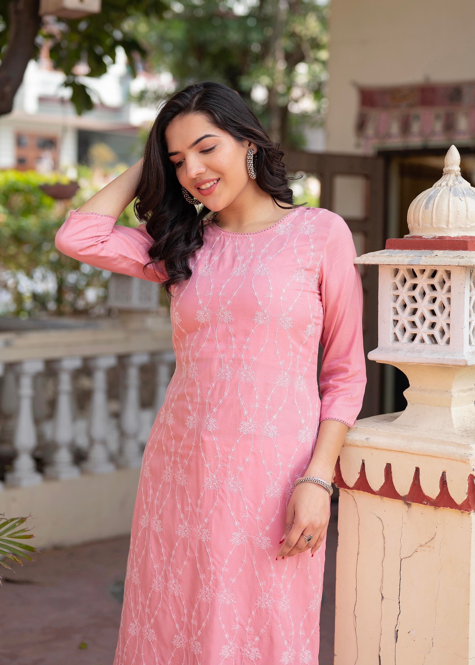 Onion Pink Embroidered Viscose Kurta with Sequins & Cotton Lace