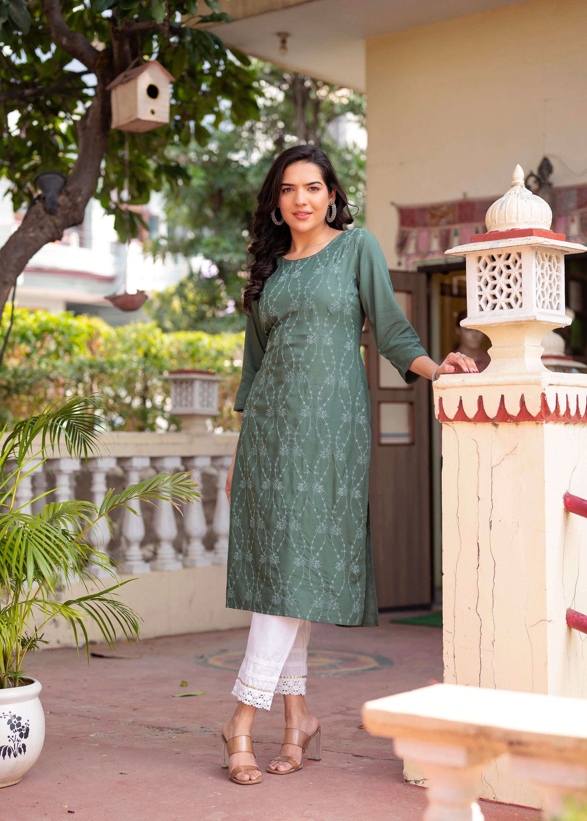 Sage Green Embroidered Viscose Kurta with Sequins & Cotton Lace