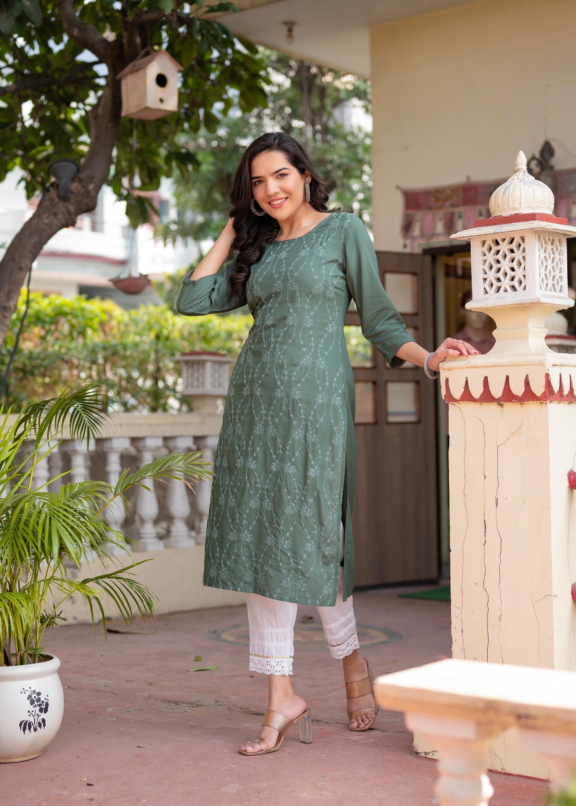 Sage Green Embroidered Viscose Kurta with Sequins & Cotton Lace