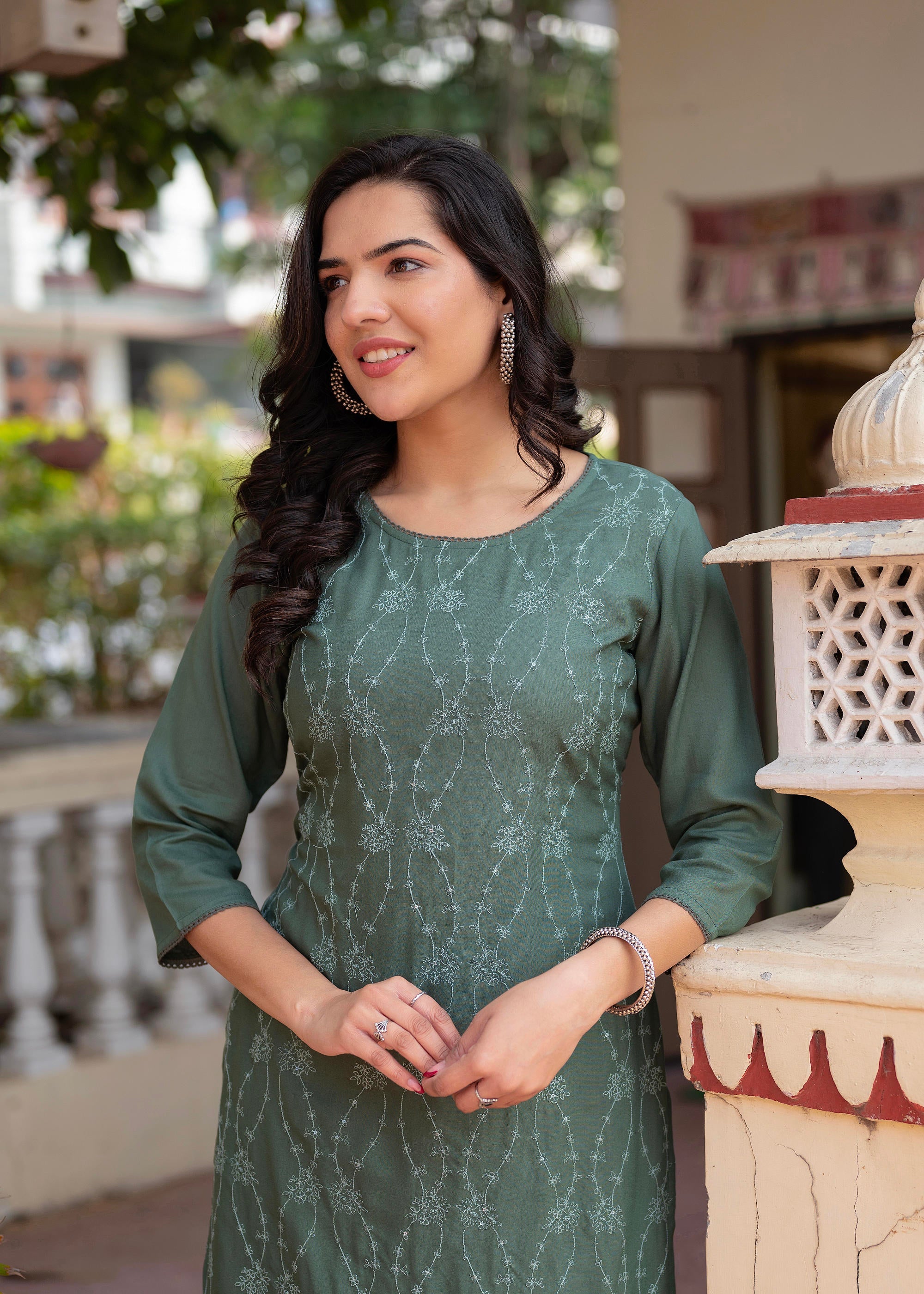 Sage Green Embroidered Viscose Kurta with Sequins & Cotton Lace