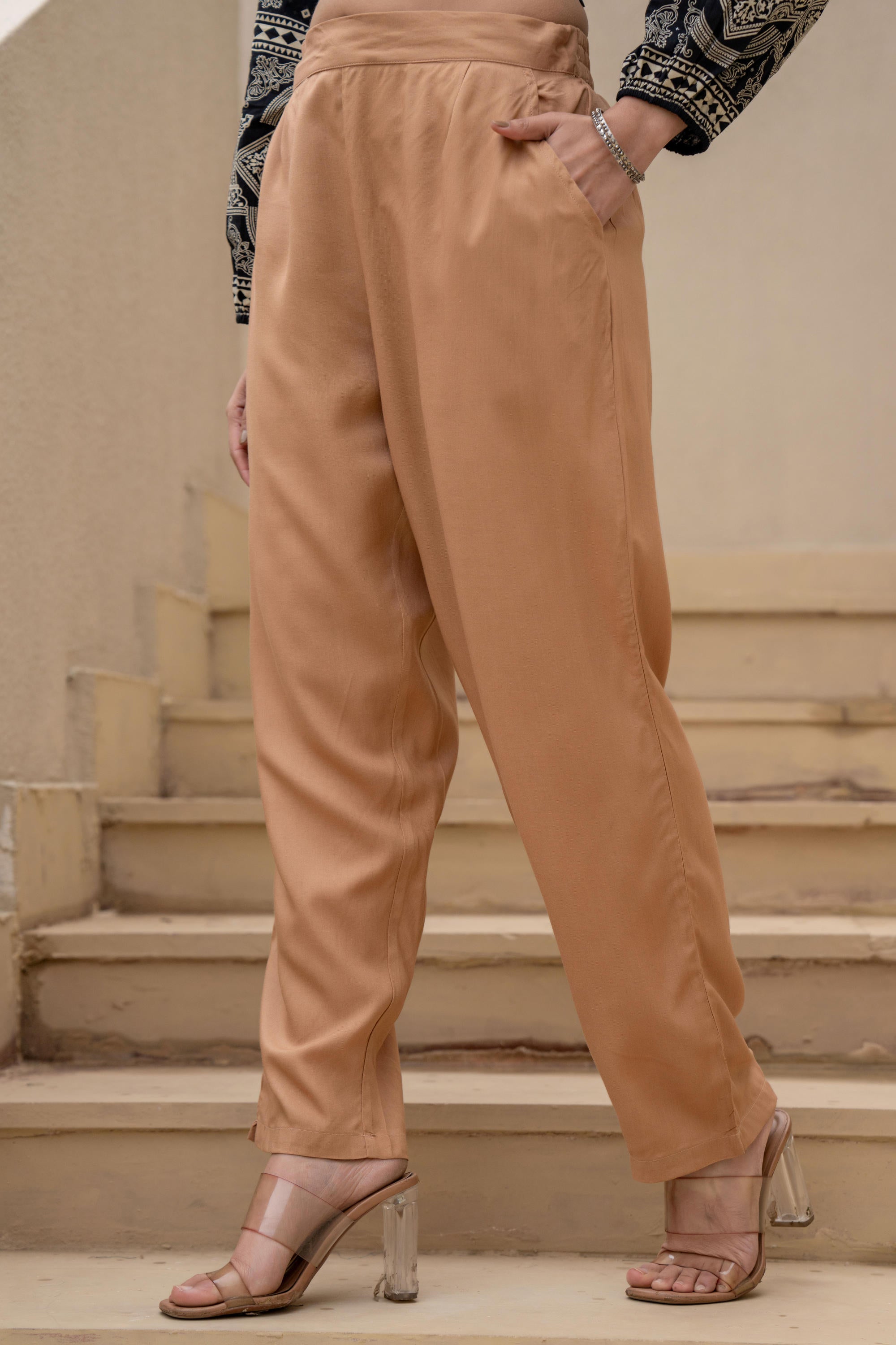 Beige Solid Viscose Pants