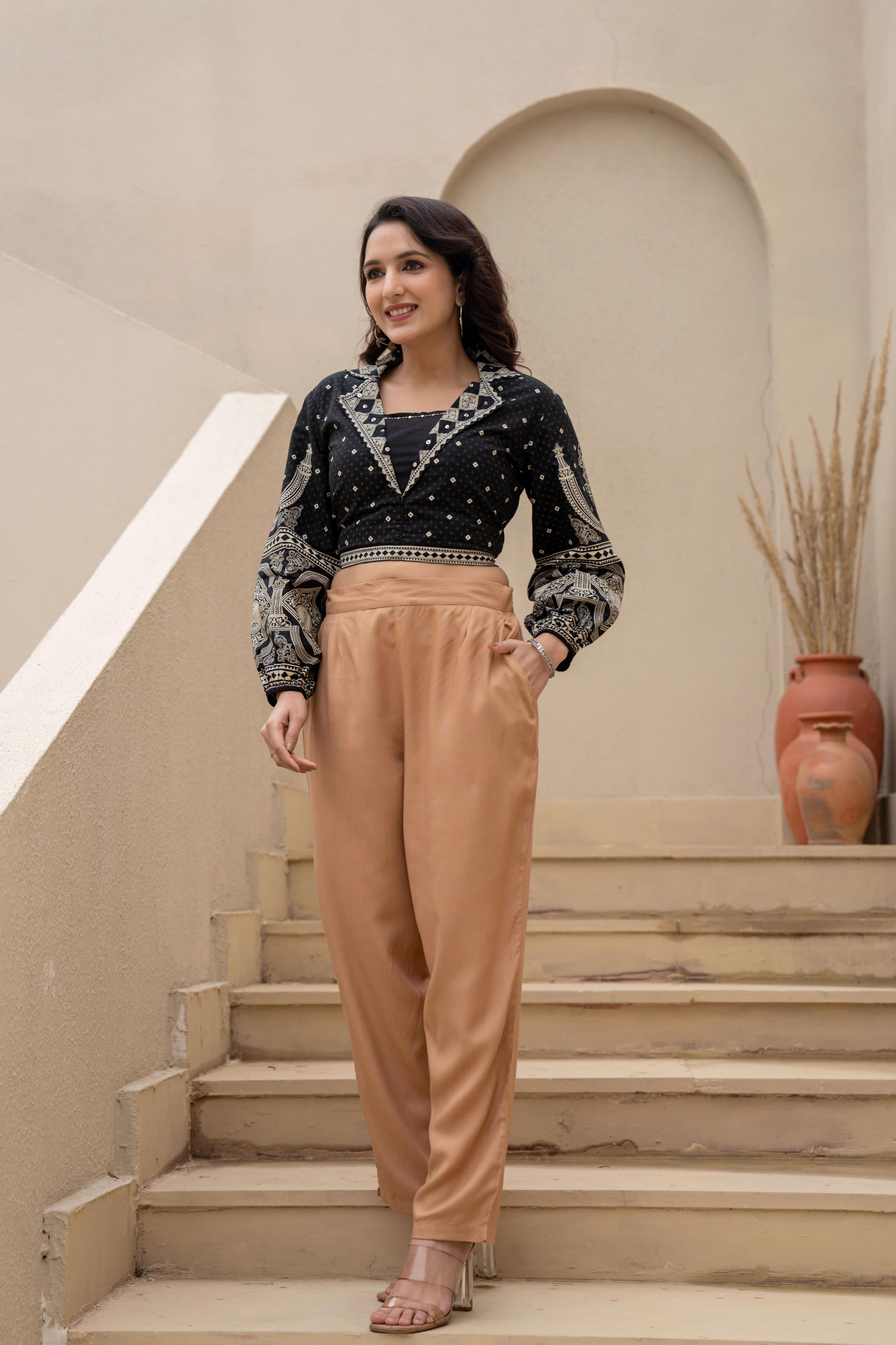 Beige Solid Viscose Pants