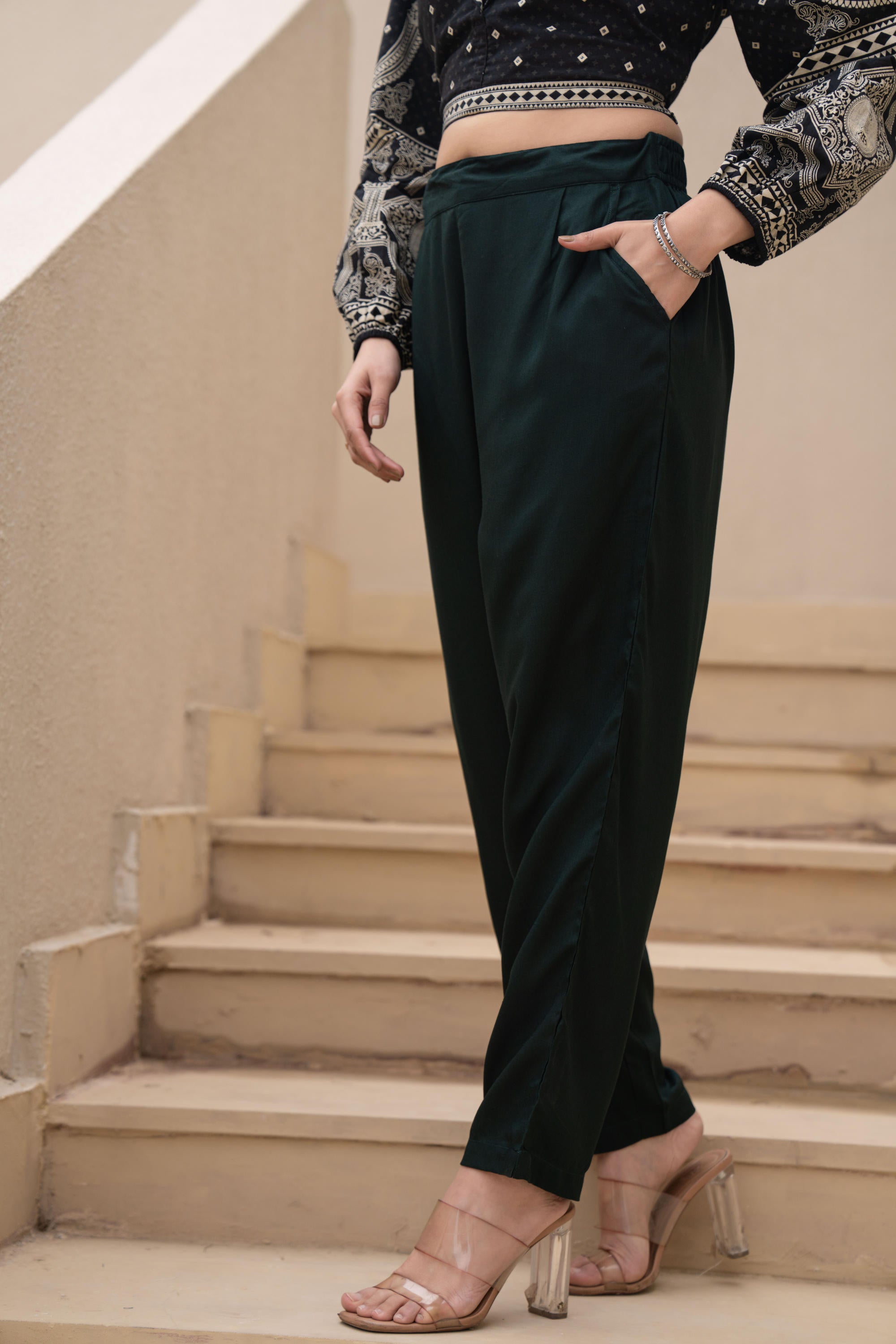 Bottle Green  Solid Viscose Pants