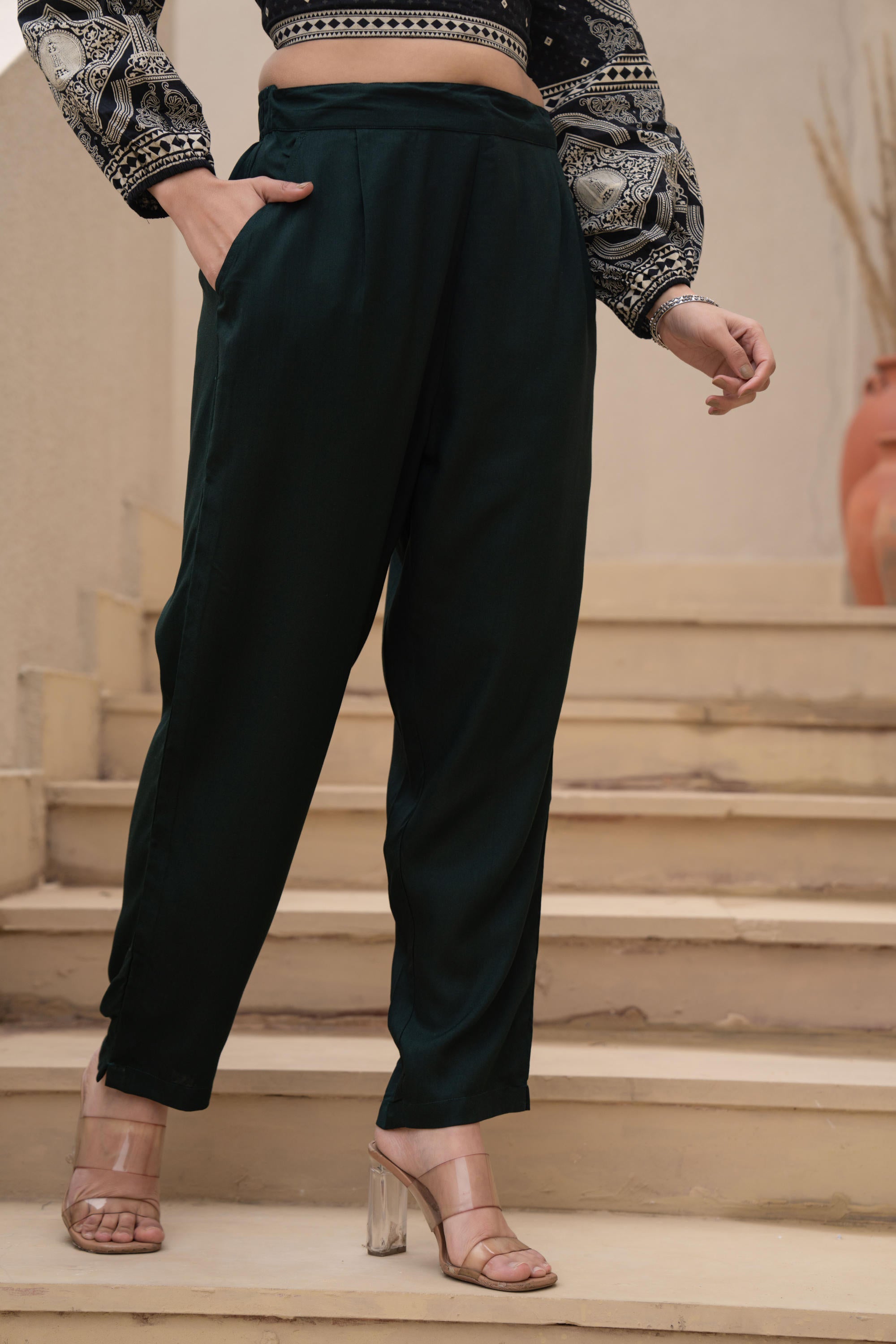 Bottle Green Solid Viscose Pants