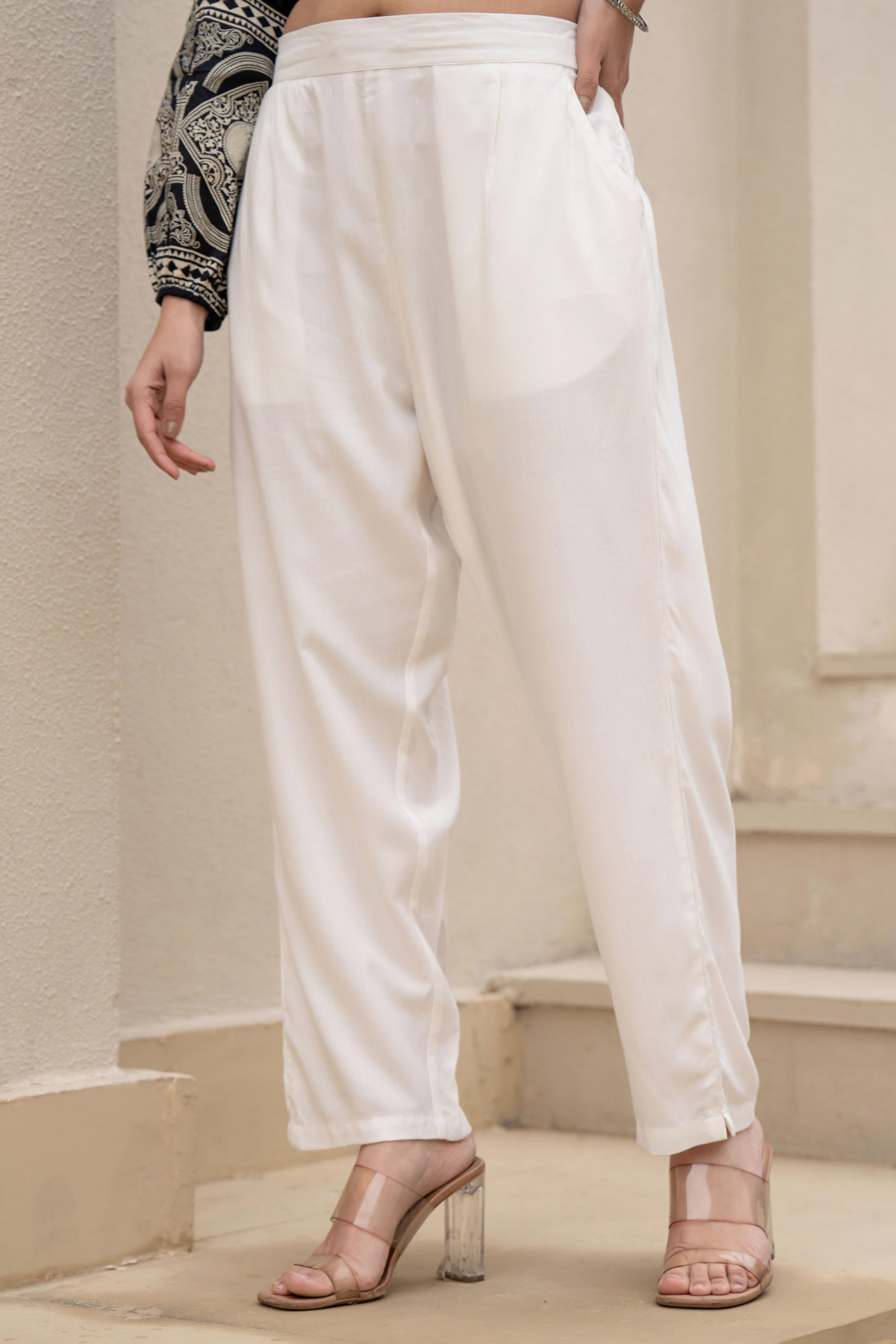 White Solid Viscose Pants