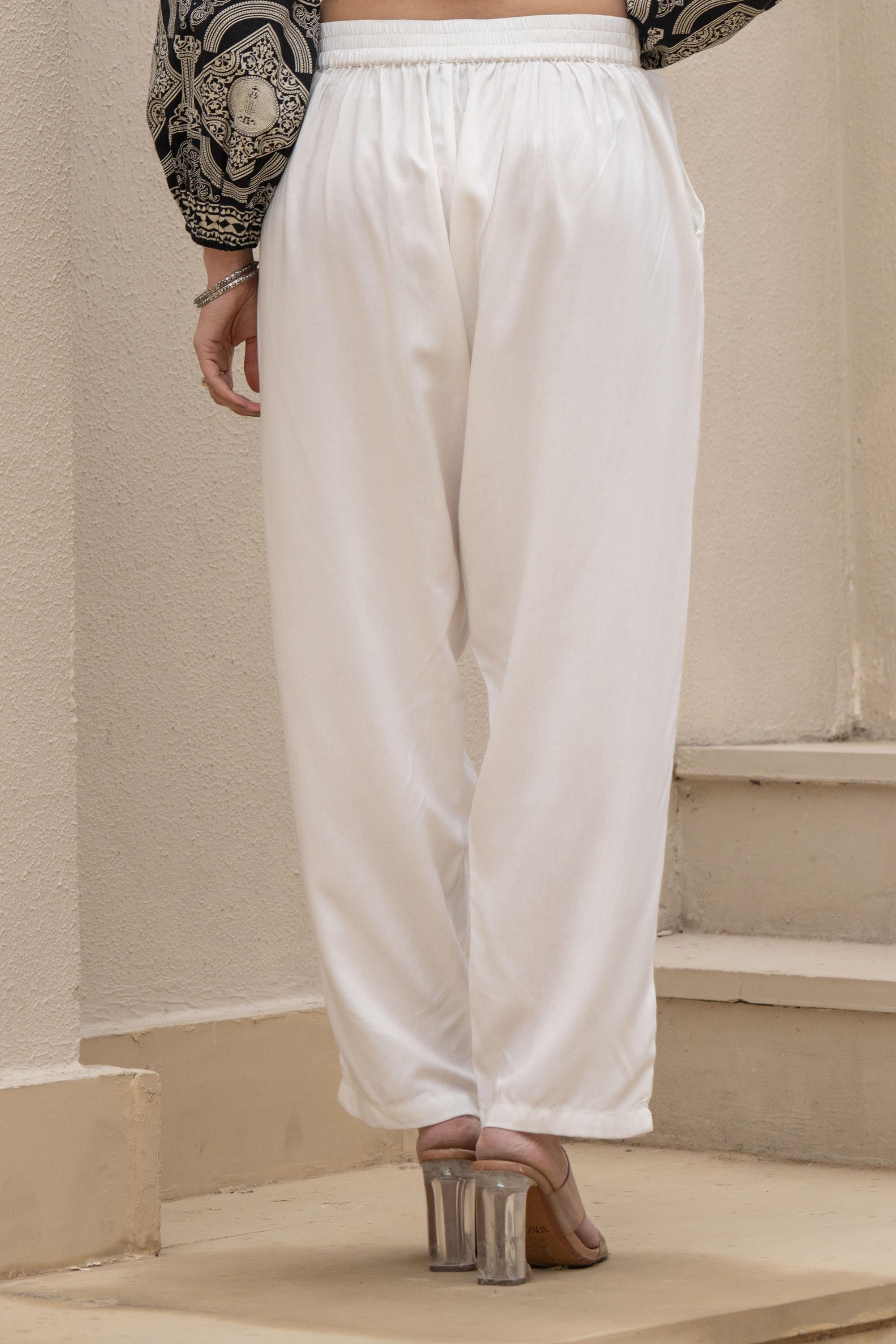 White Solid Viscose Pants