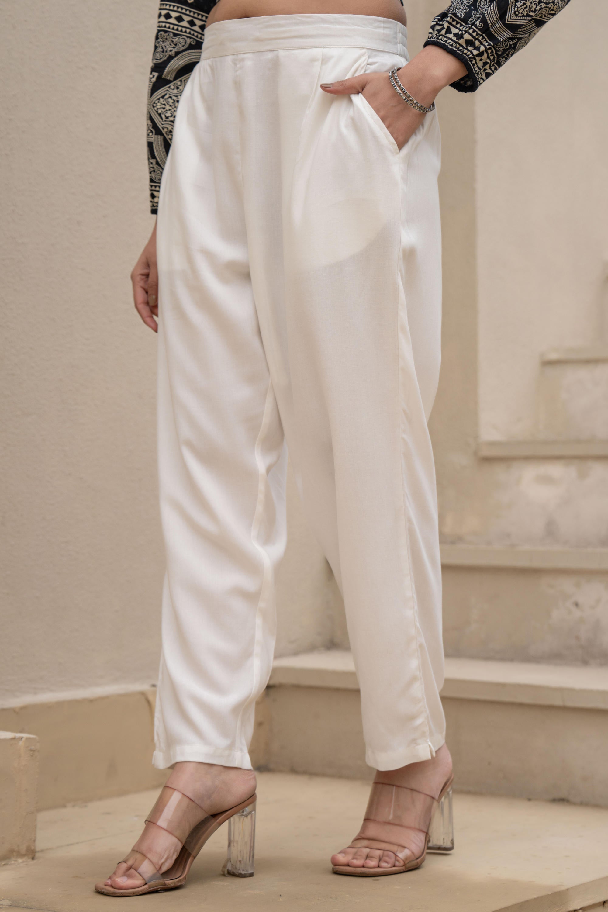 White Solid Viscose Pants