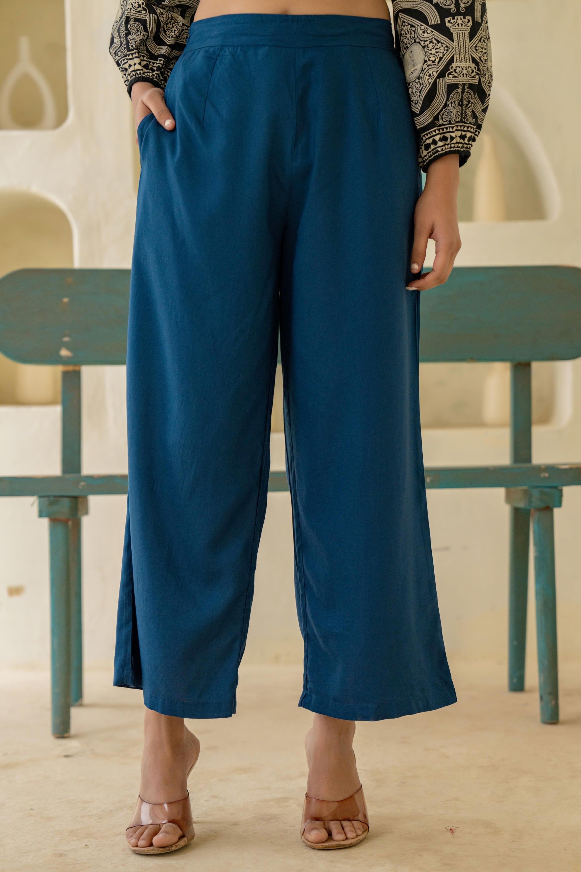 Navy Solid Viscose Palazzo Pants