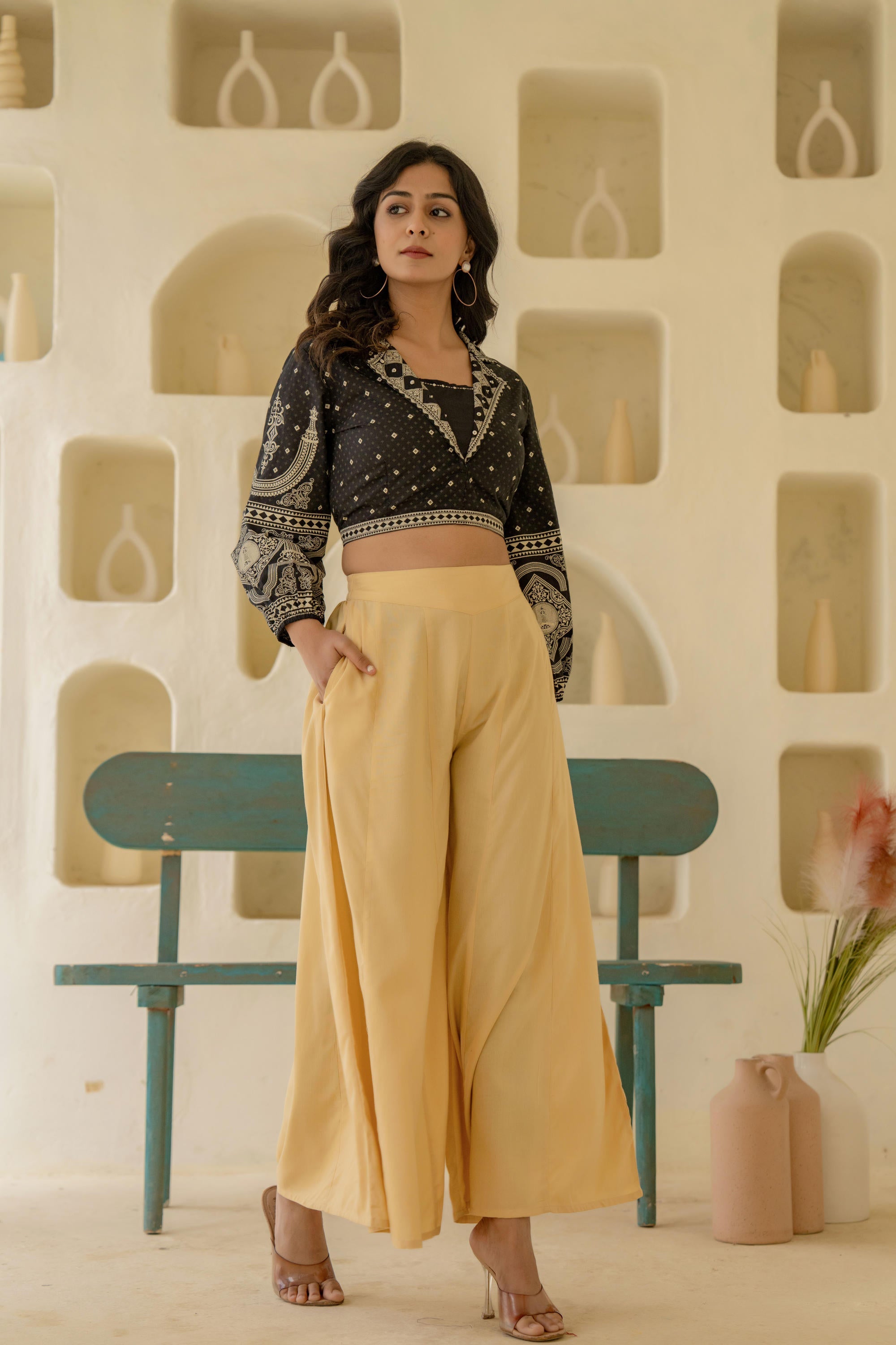 Gold Solid Viscose Palazzo Pants