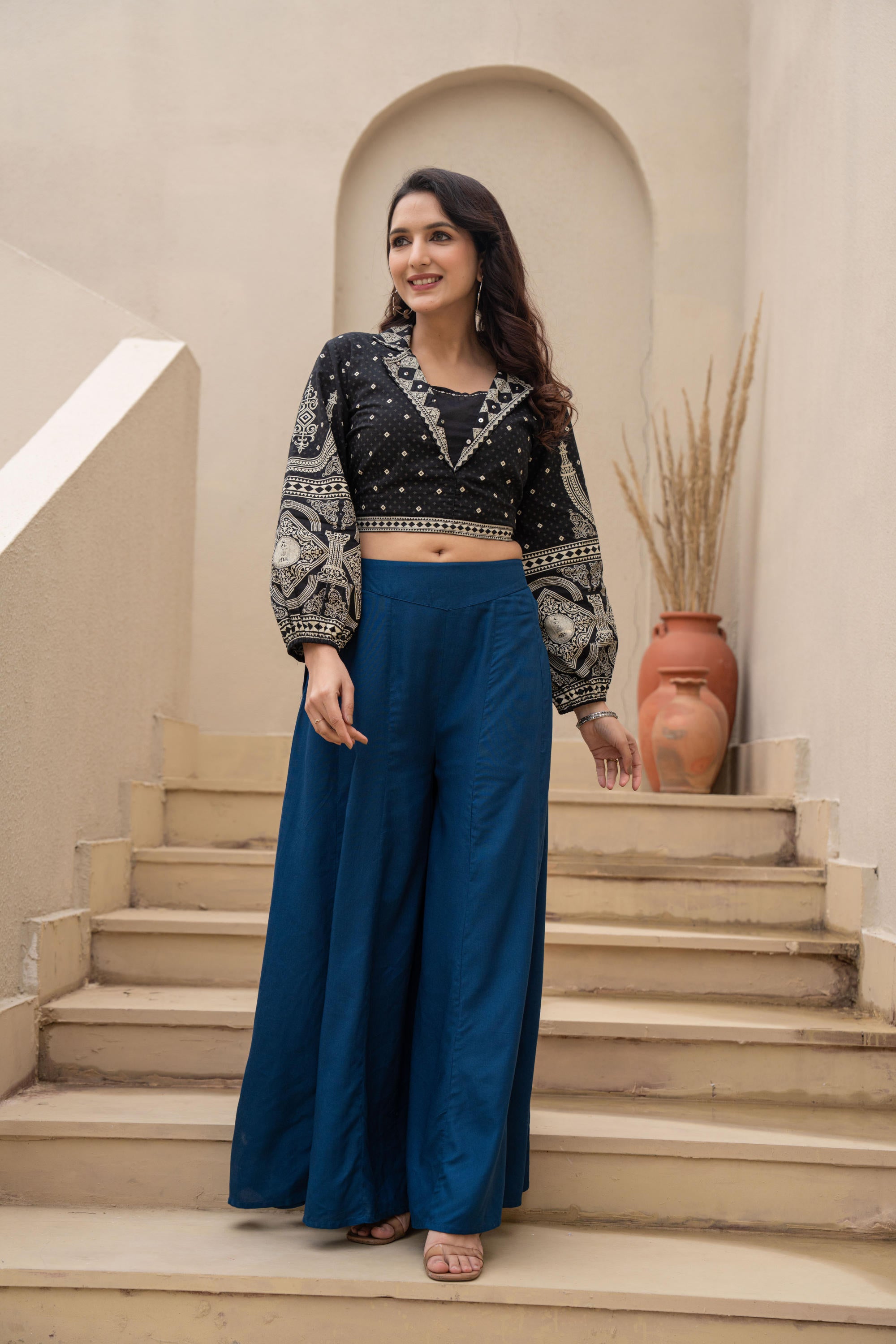 Navy Solid Viscose Palazzo Pants