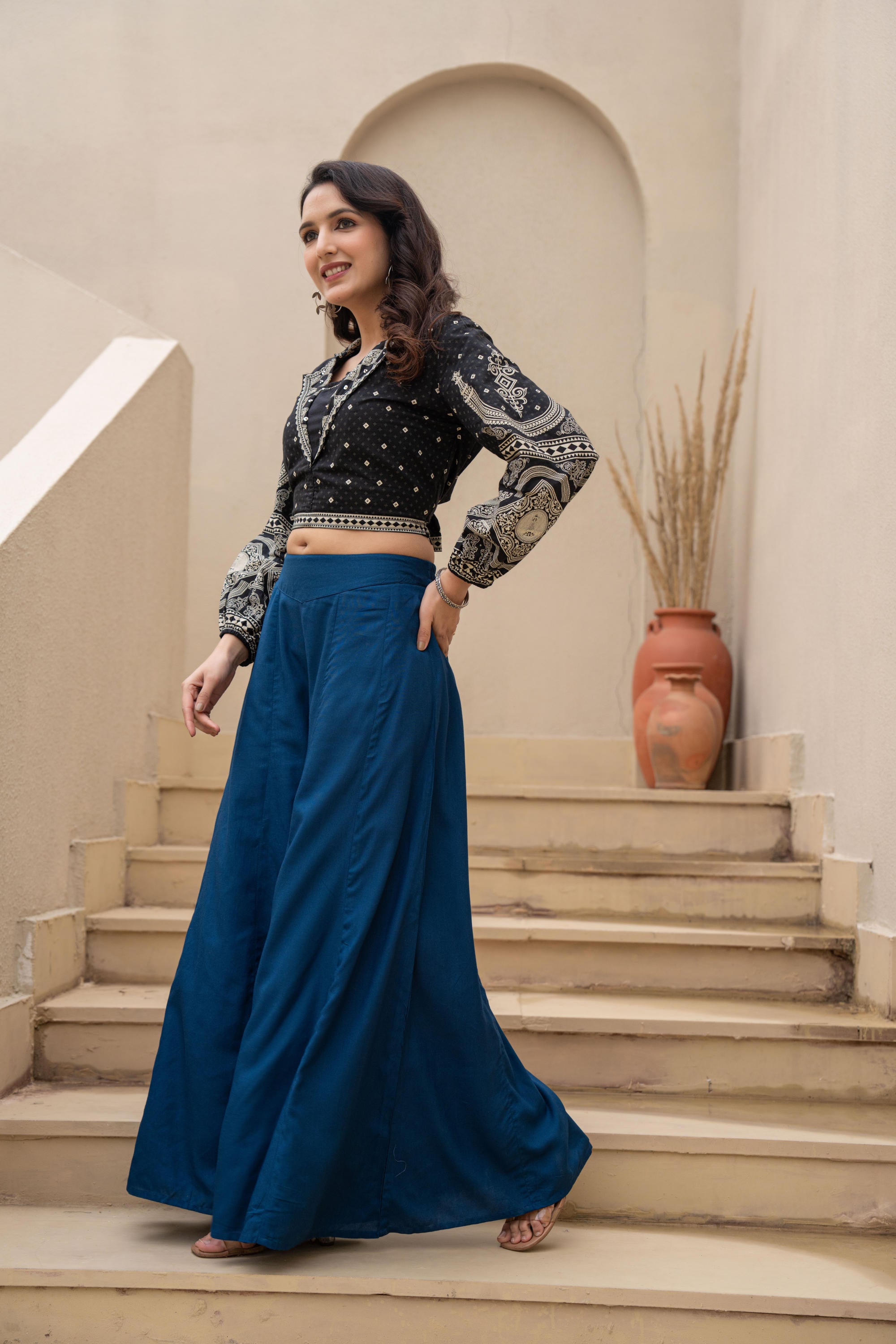 Navy Solid Viscose Palazzo Pants