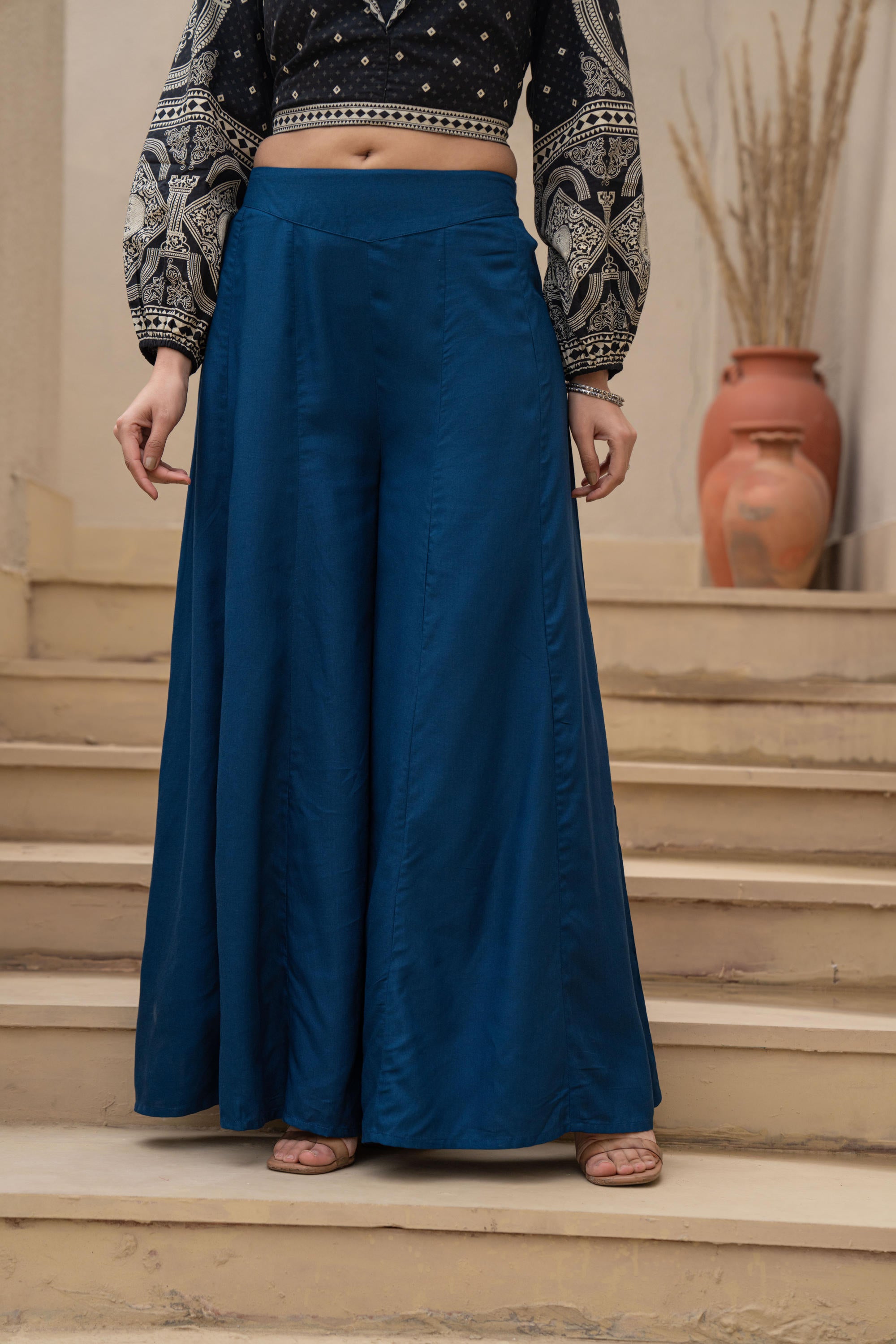 Navy Solid Viscose Palazzo Pants