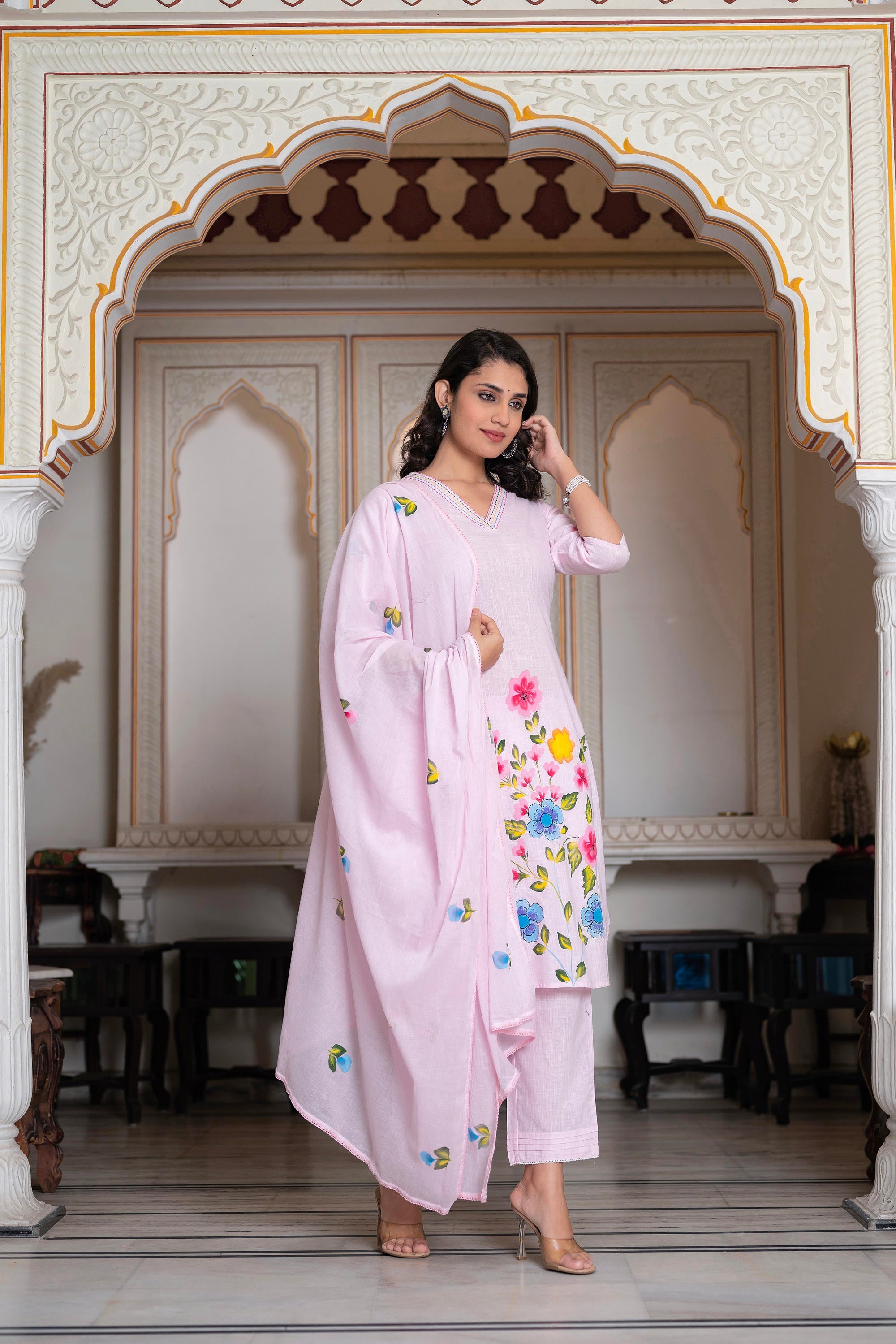 Baby Pink Hand-Painted Floral Kurta with Cotton Slub Palazzo & Cotton Voile Dupatta